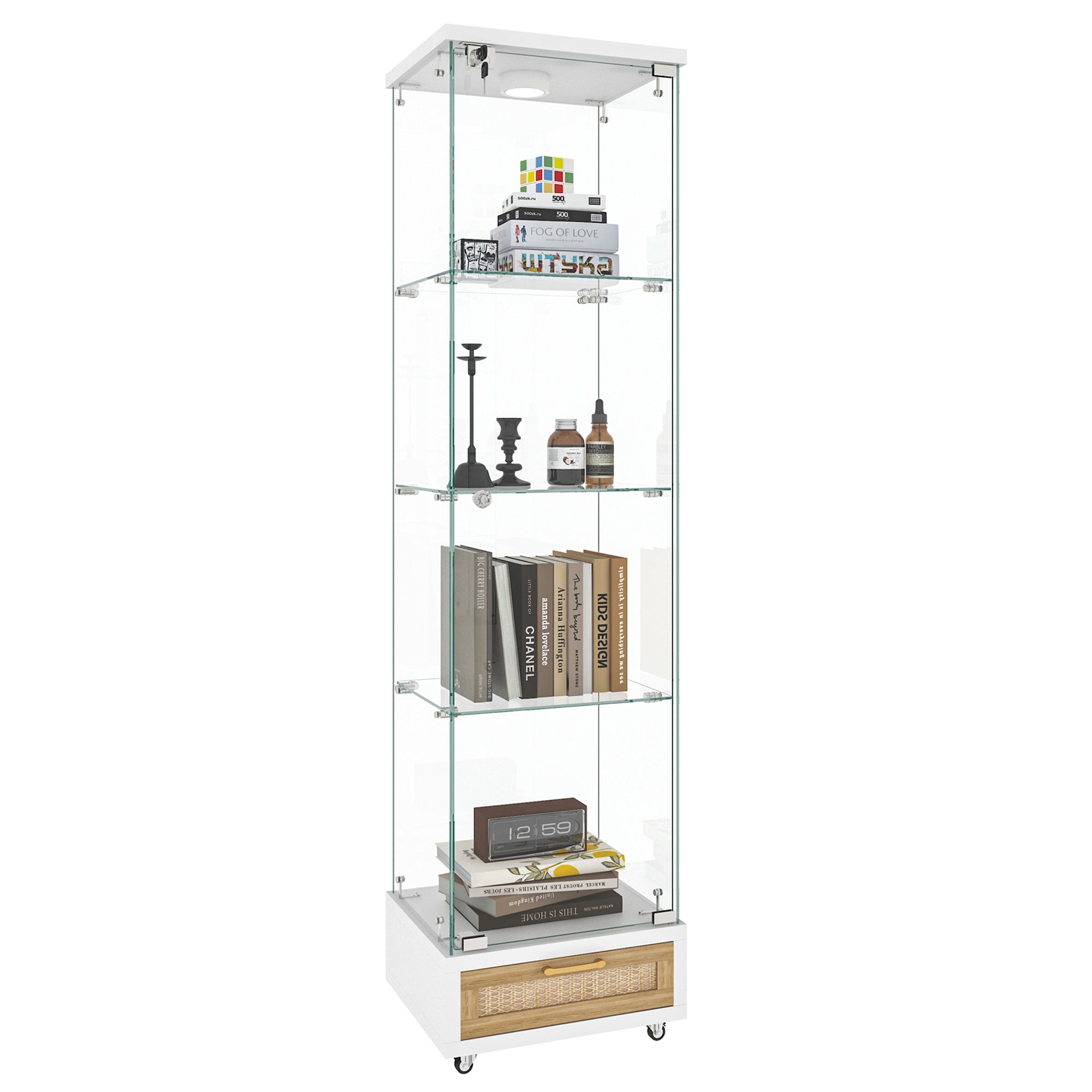 Modern Glass Display Cabinet LED Lights Drawers 4 Shelves - White