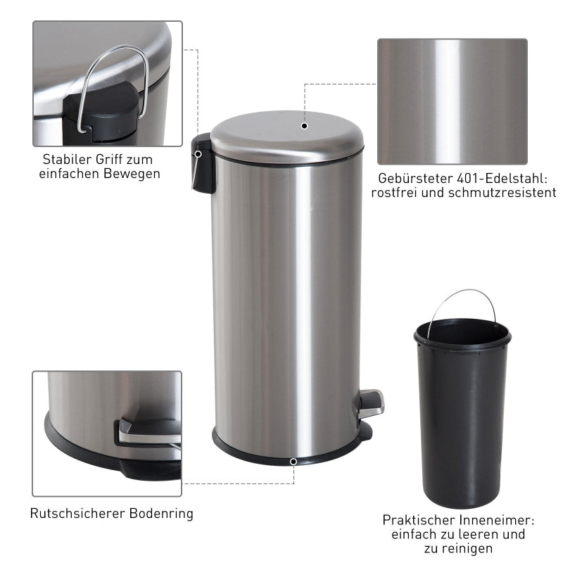 Pedal Bin 30L Inner Bucket Hinged Lid, Stainless Steel Silver