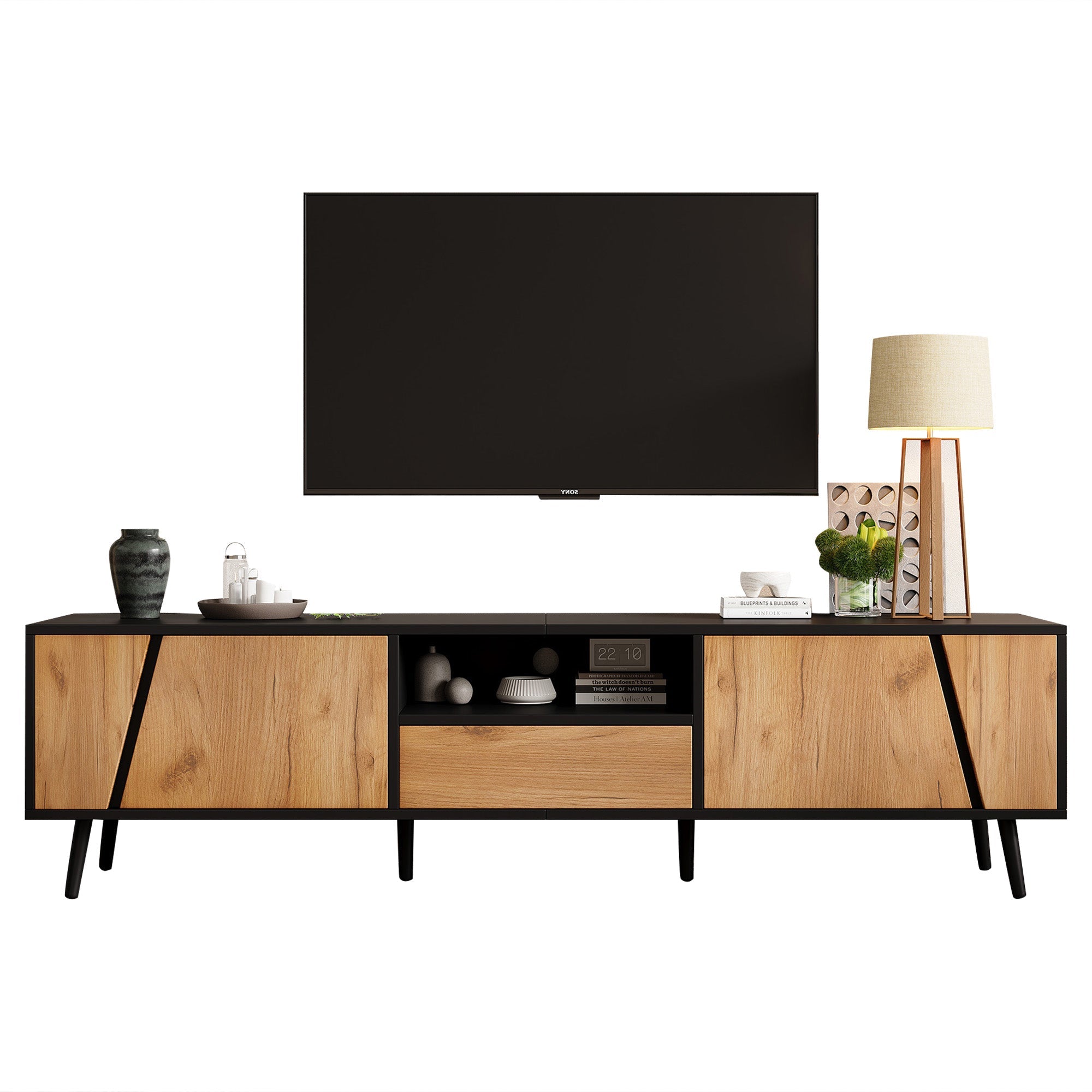 Lowboard TV Board, TV Cabinet with Drawers and 2 Cabinets, Modern Minimalist, Solid Wood