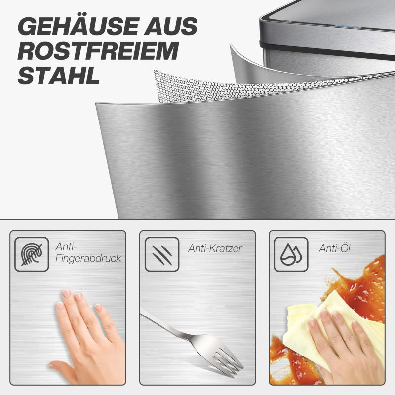 Sensor-Activated Waste Bin, 60L Automatic Lid, Stainless Steel, Silver-Colored
