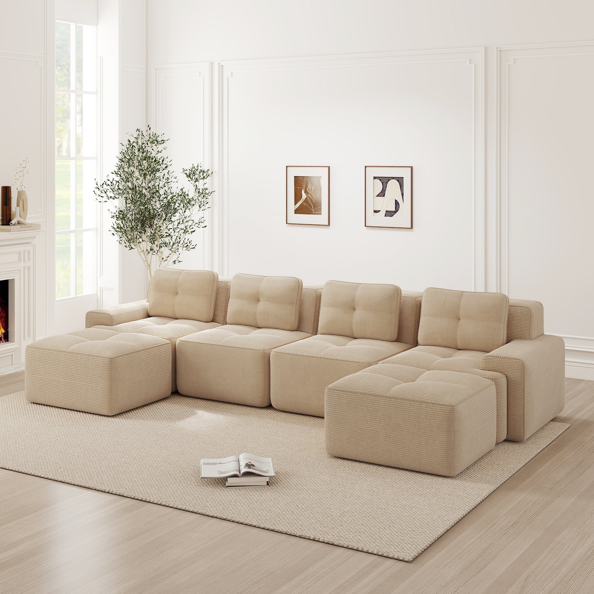 Boneless Modular Sofa U-Shaped Chaise 4-Seater Deep-Seat - Beige
