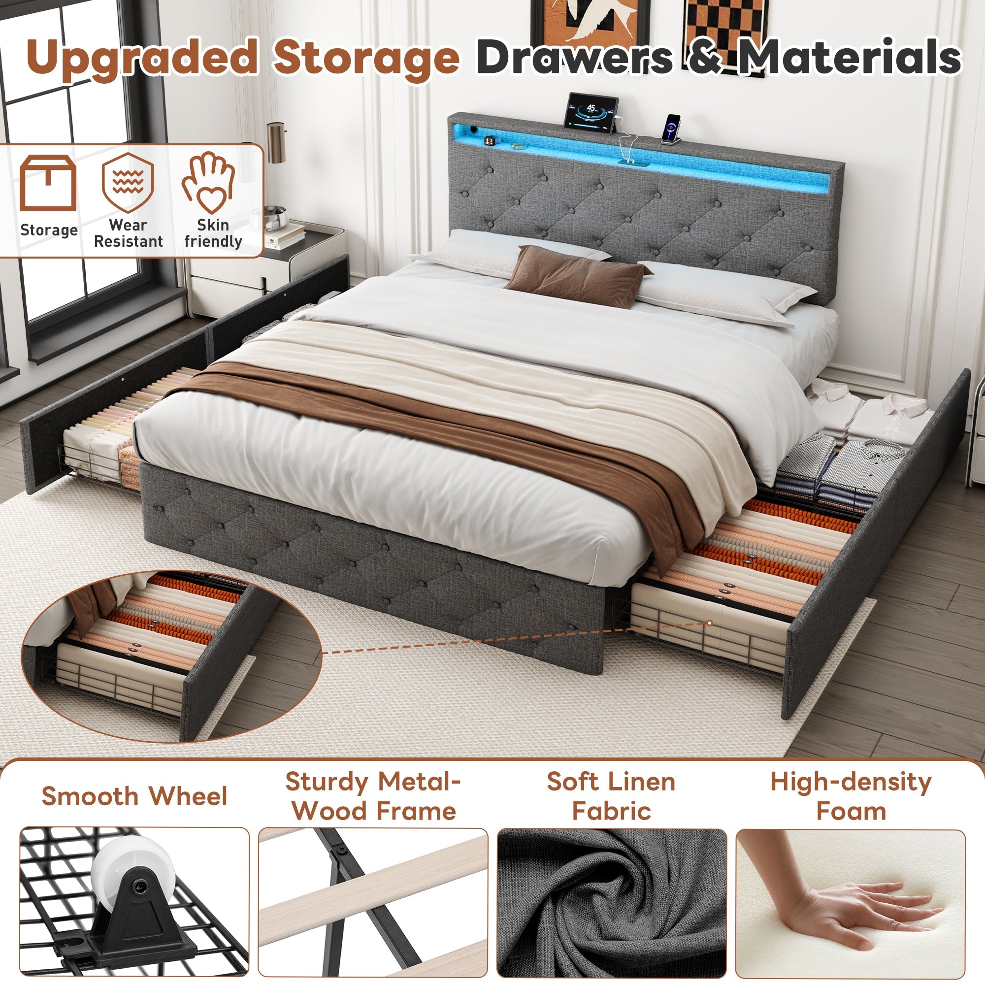 4ft6 Double Upholstered Bed with 4 Storage Drawers, LED Charging Station, Linen Grey