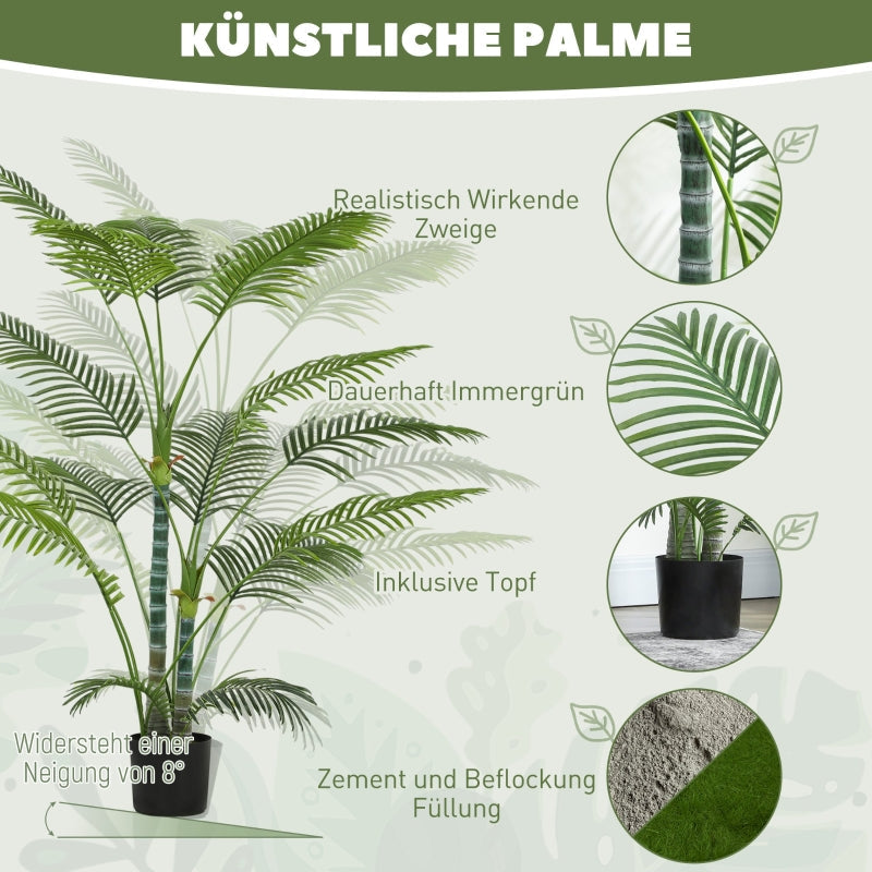 Künstliche Palme, 16 UV-beständige Kunststoffblätter mit Topf, Grün