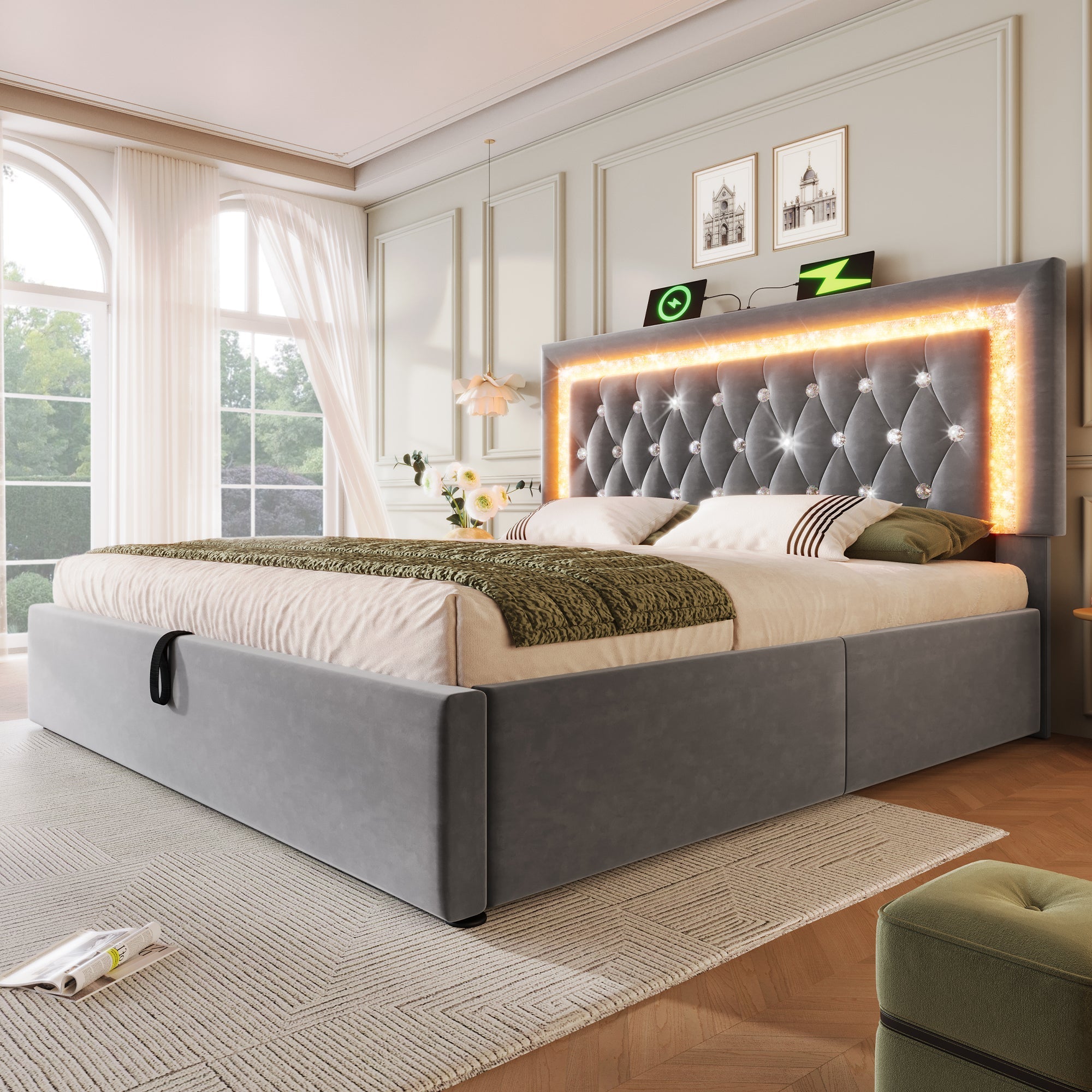 Upholstered Double Bed 160x200cm LED Diamond Headboard USB/Type-C Hydraulic Storage - Velvet Grey