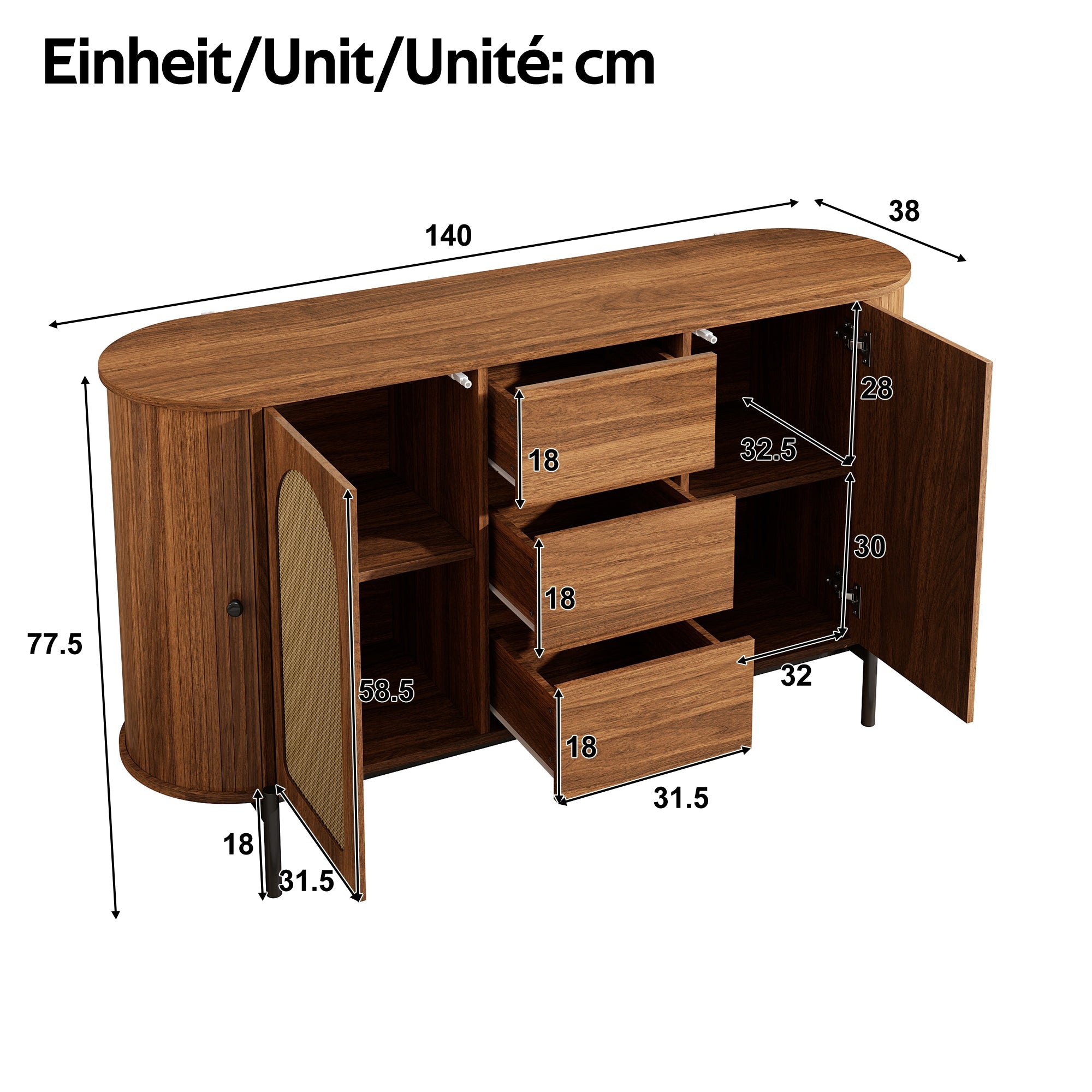 Oval Sideboard with Rattan Sliding Doors and Drawers, Wood Look and Metal