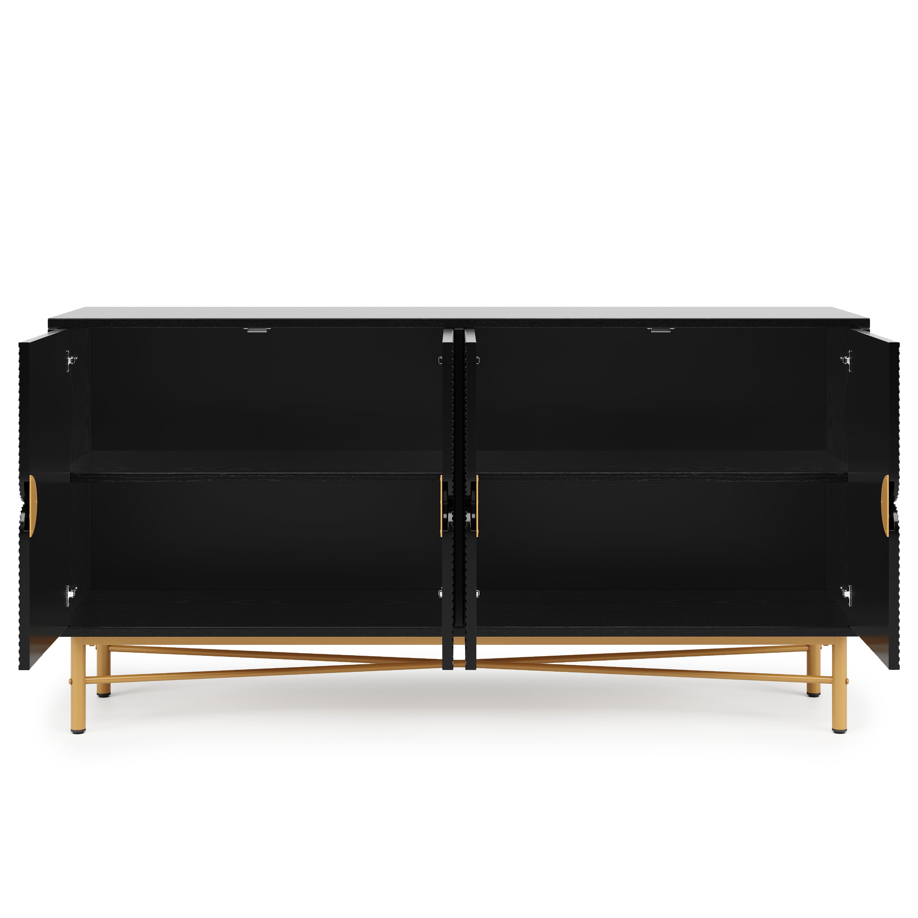 Sideboard Raised Texture 160cm, Cabinet Four Doors, Golden Brushed Handles and High-Gloss Table Legs, Black