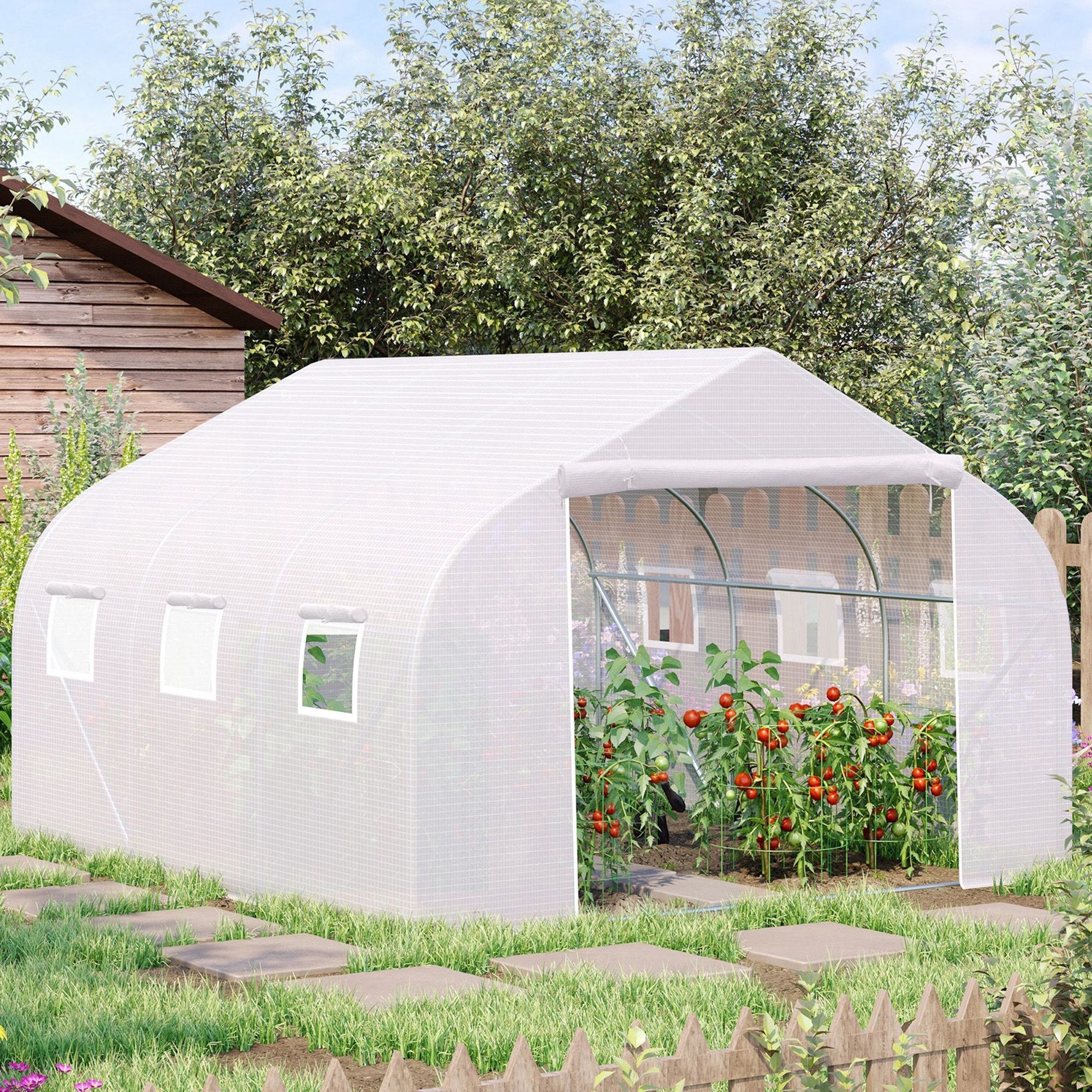 Walk-In Polytunnel Greenhouse, Door and Windows, 3.5 x 3 x 2m, Galvanised Steel Frame, White