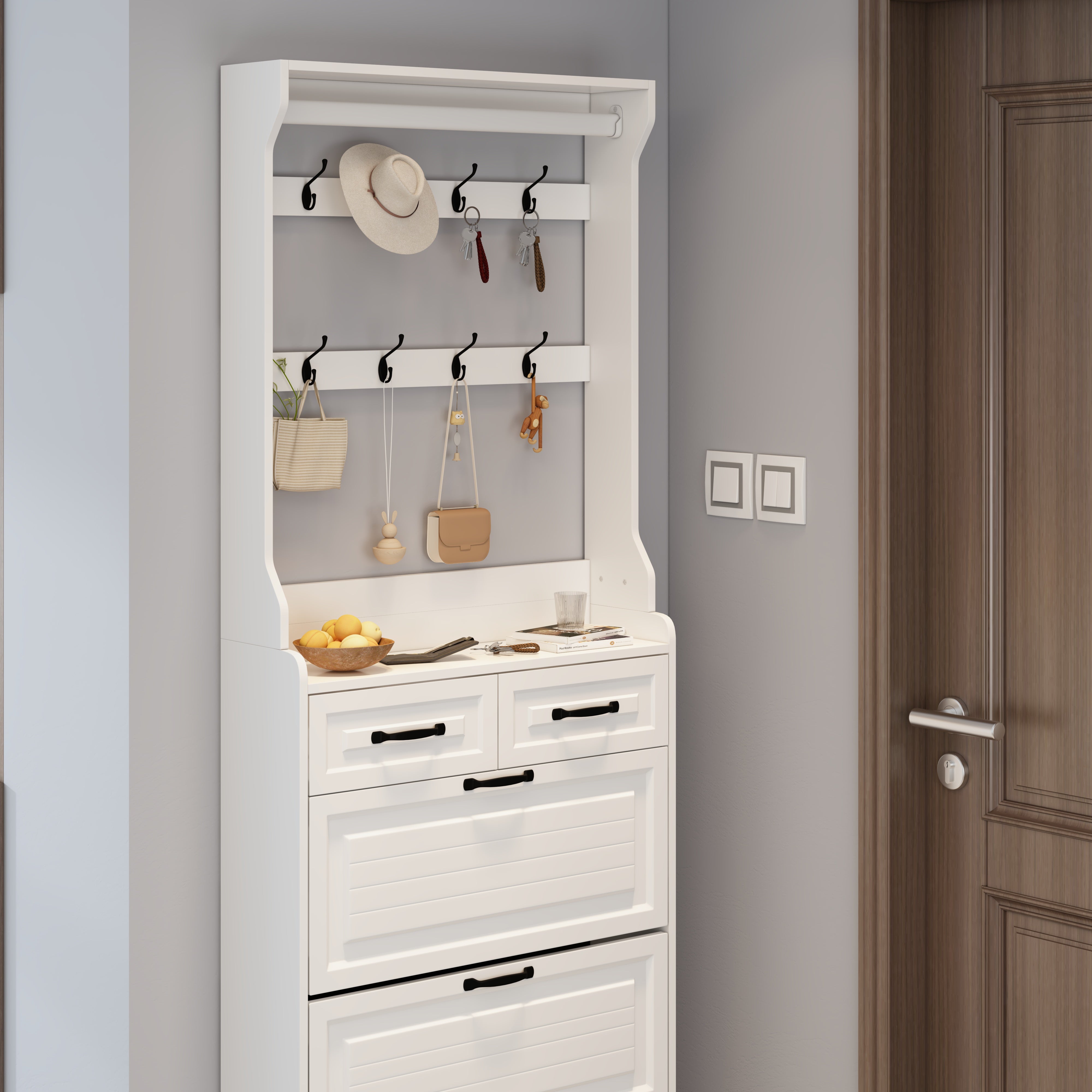 Shoe Cabinet with Hanger, 3 Doors & 2 Drawers - White