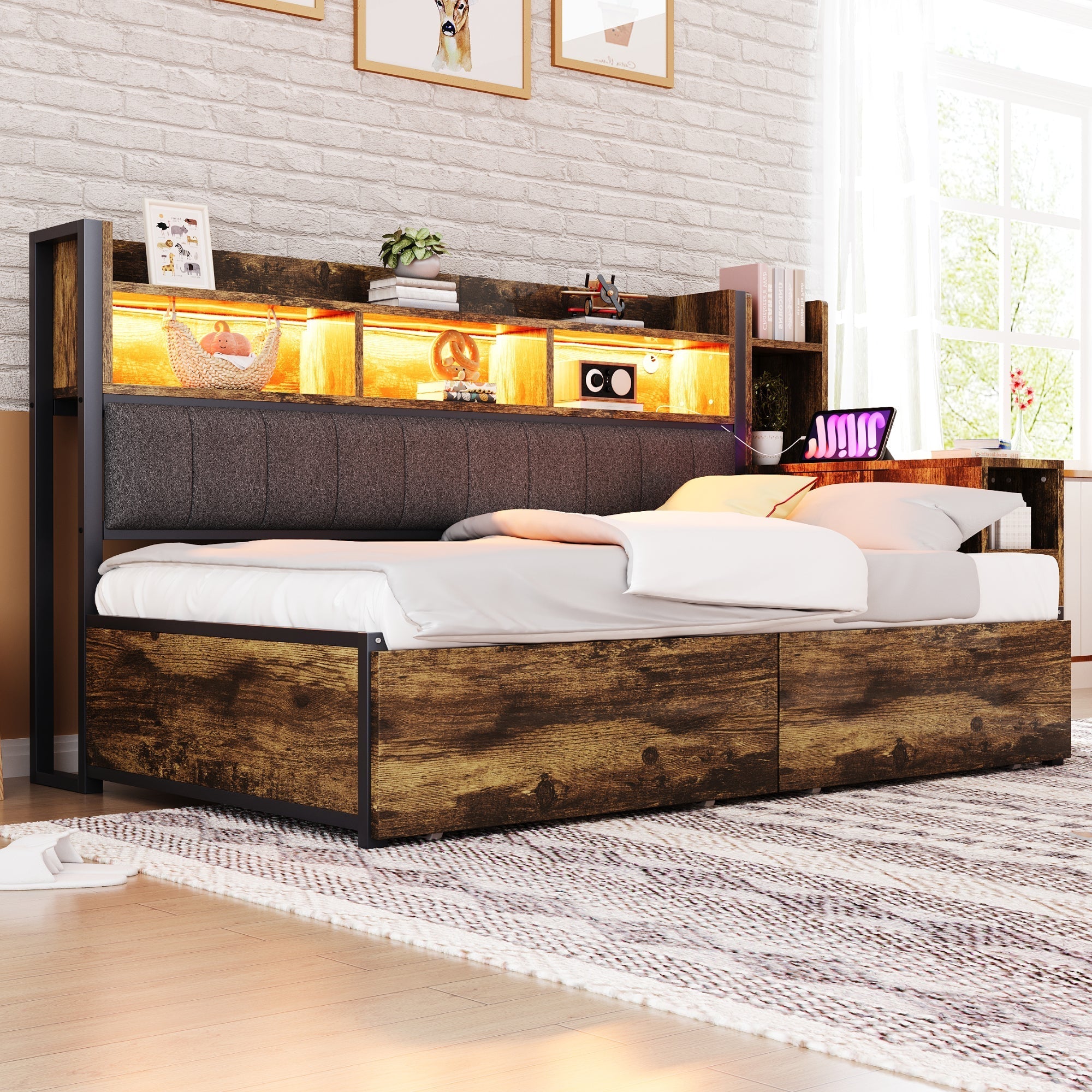 Single Bed with Movable Desk, Storage Drawers and Integrated Outlets, Metal