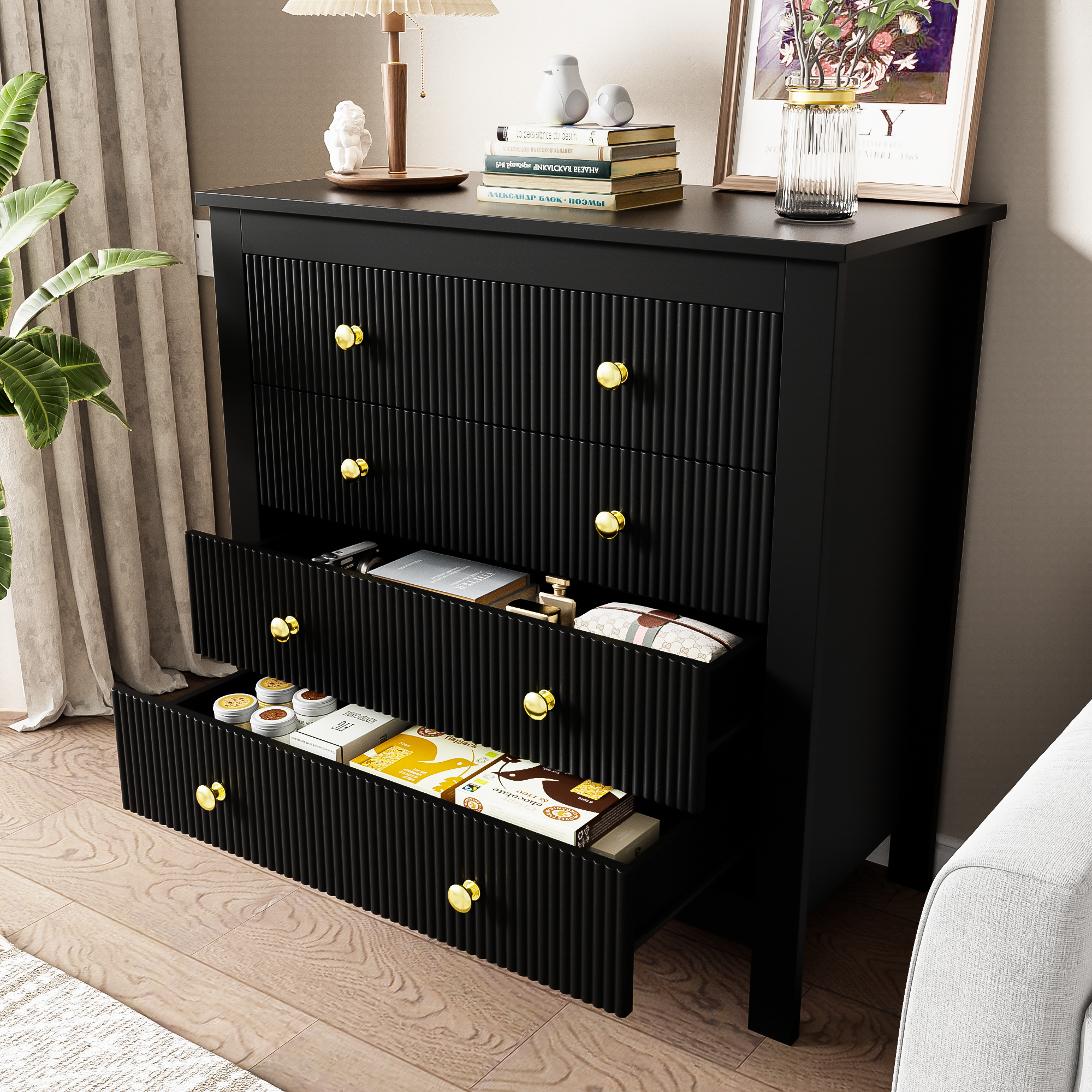 Sideboard, chest of drawers with special doors, gold handles