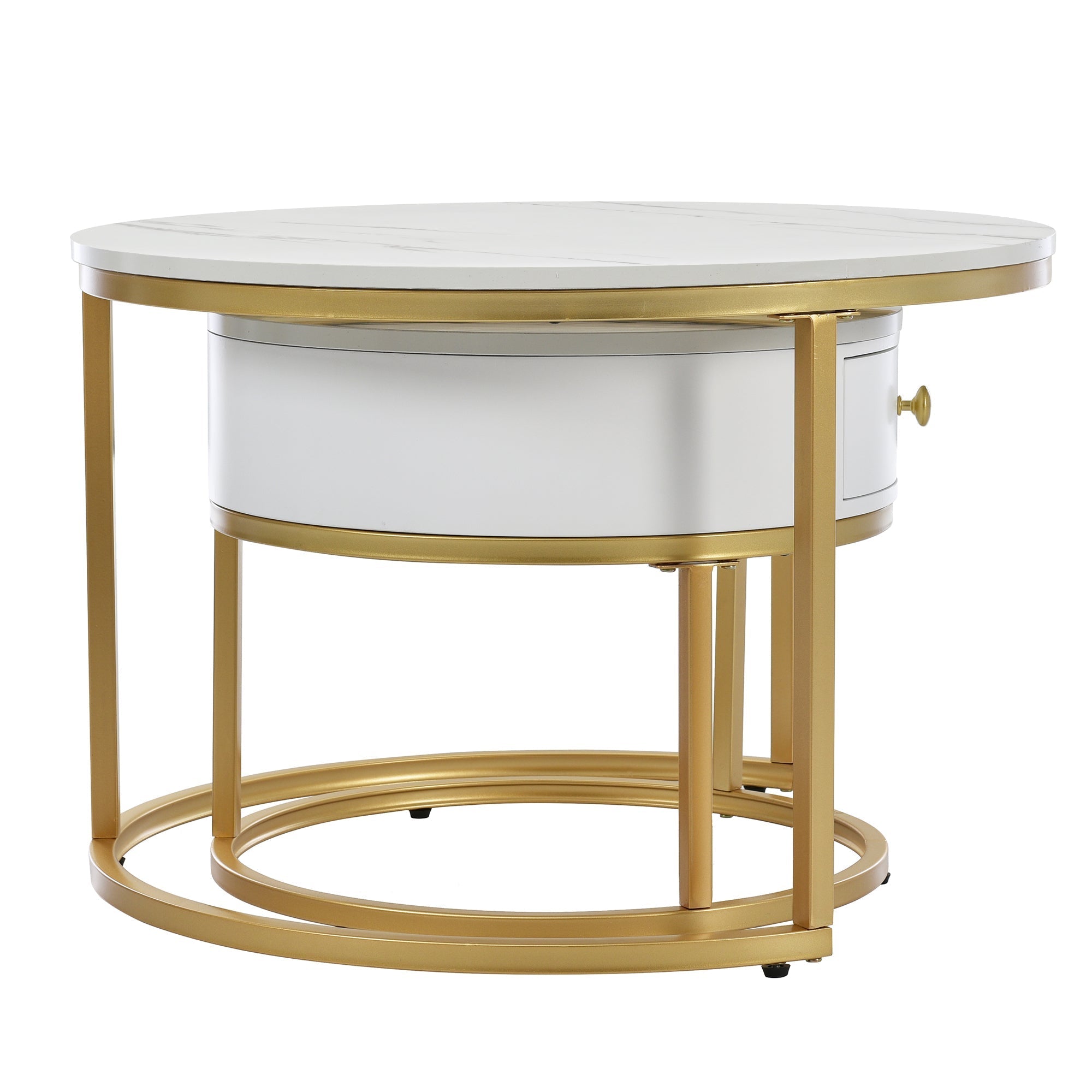 Modern Nesting Coffee Table, 2-Piece Set Round Nested Side Table, High Gloss White Marble Pattern