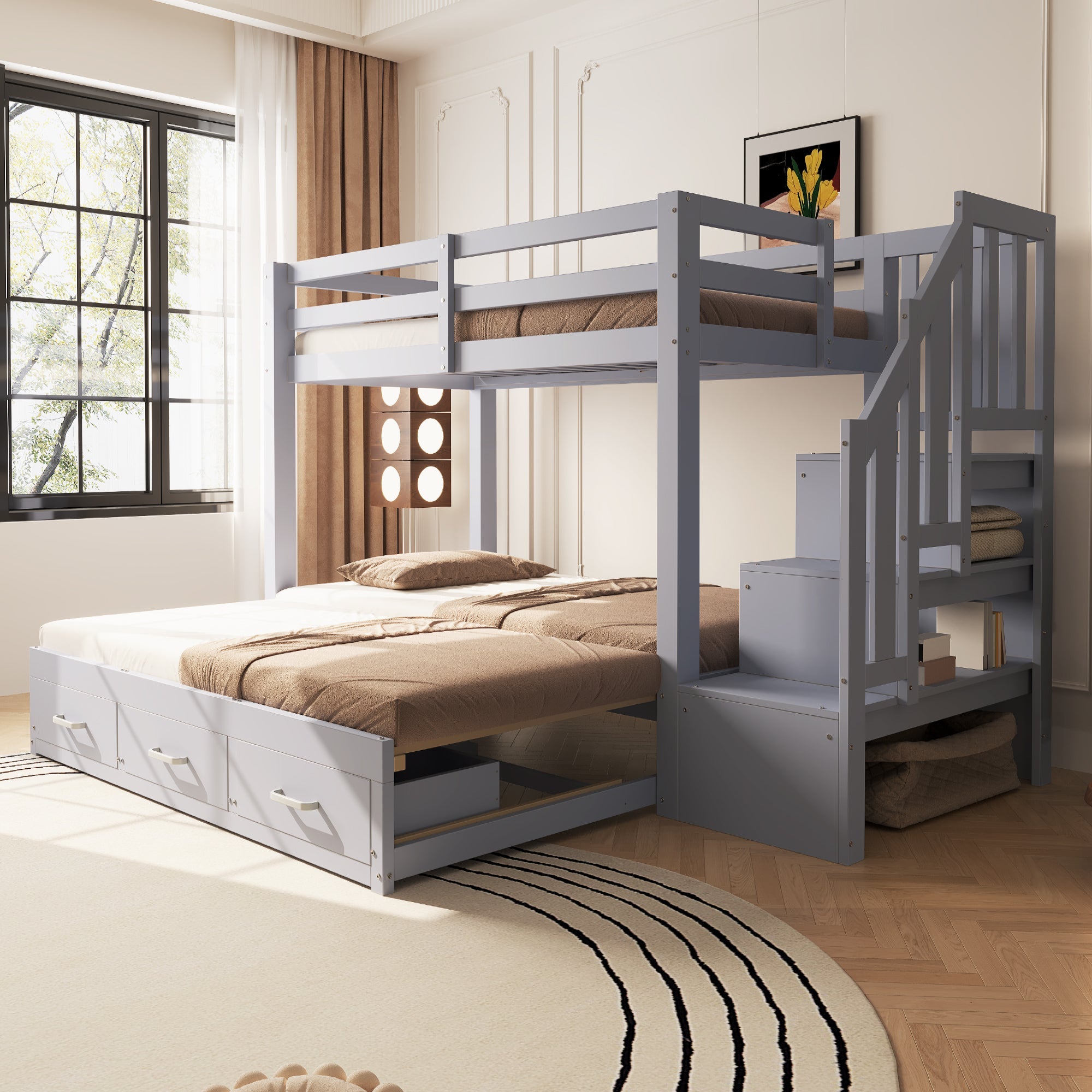Bunk Bed with Pull-out Bed, Storage Ladder and Drawers, 90x200cm, Grey Wood