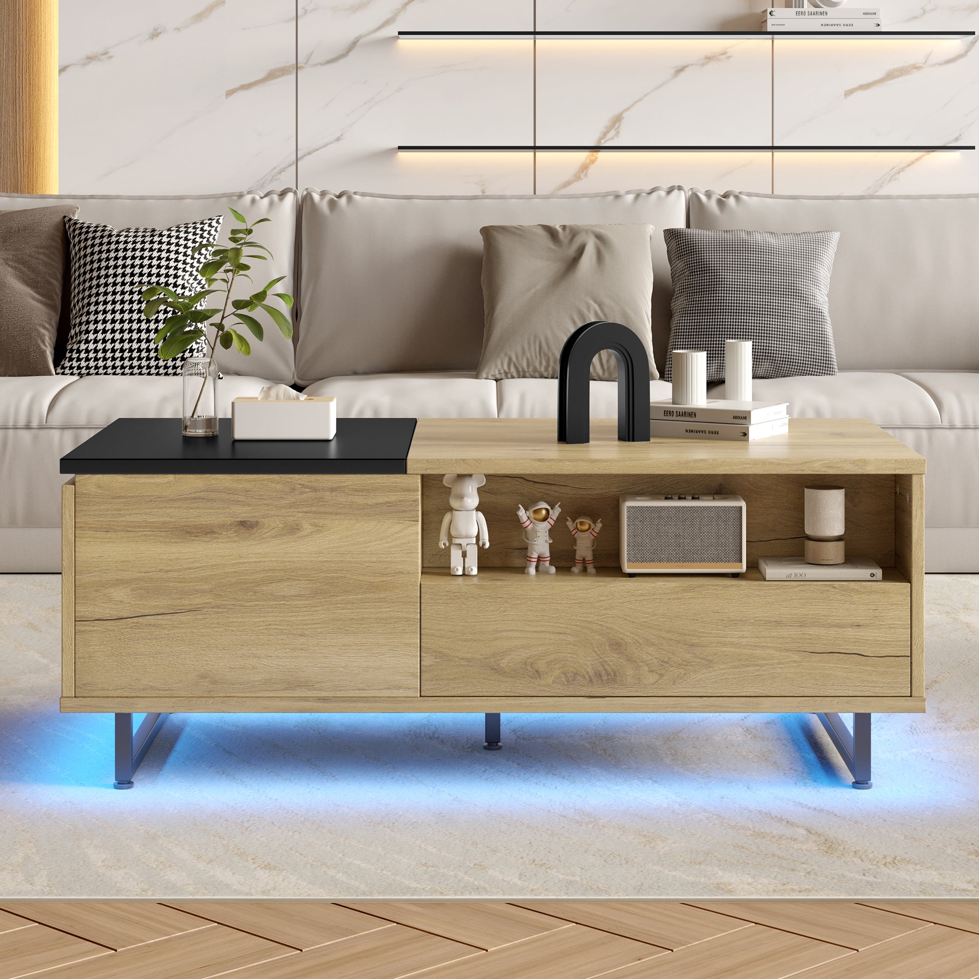 Cabinet: Height-Adjustable with LED Light, Drawers & Compartments, Customizable for Living Rooms