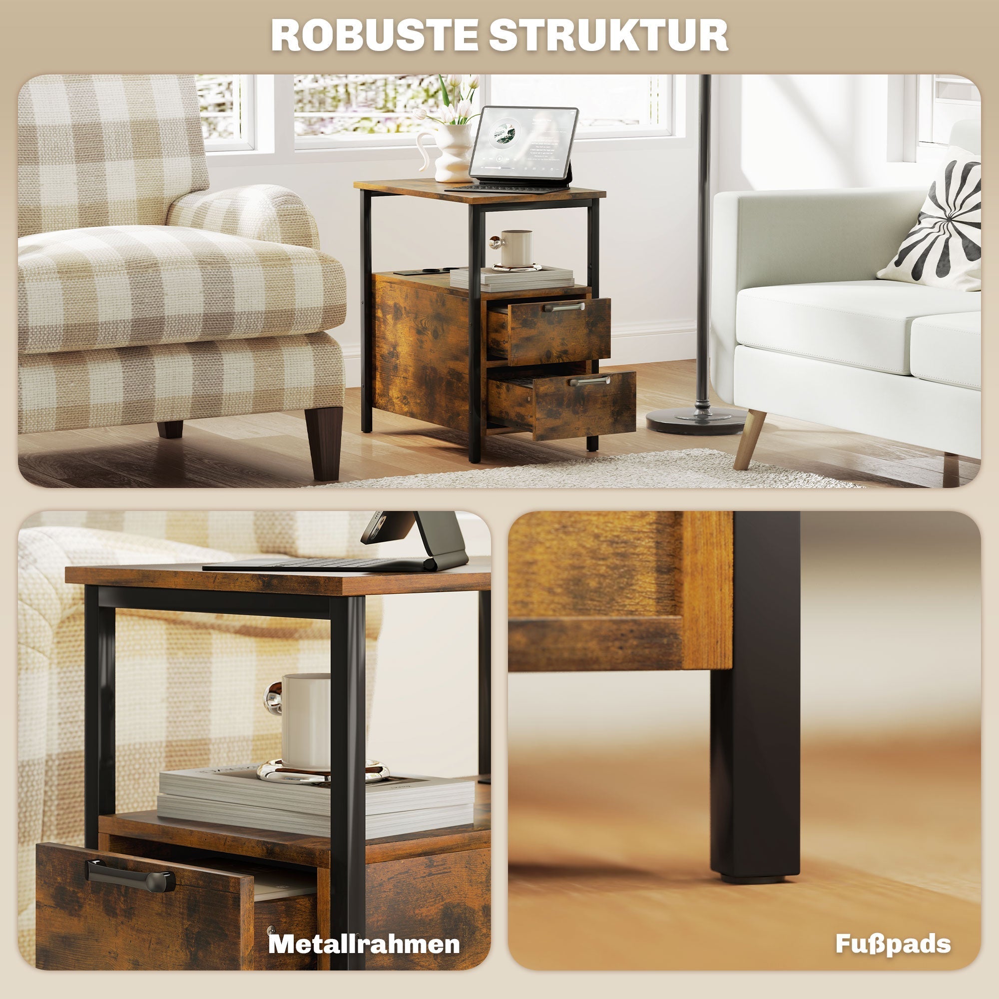 Side Table Coffee Table with Charging Station, 2 Drawers, Rustic Brown