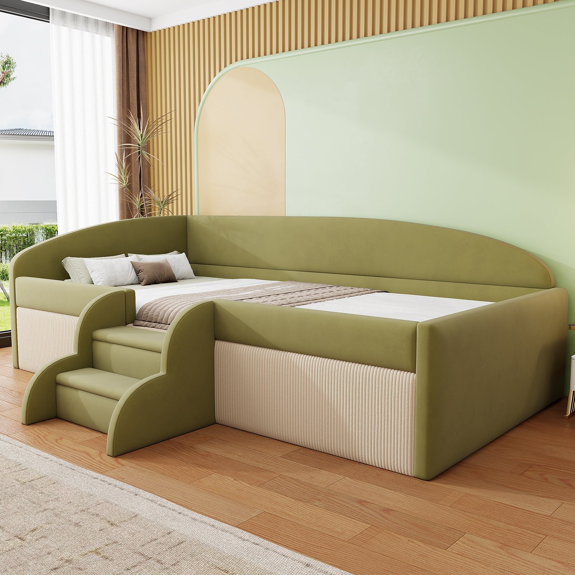 Upholstered Sofa Bed 90x190cm Multi-function Steps Railings - Dark Green/Cream White Velvet