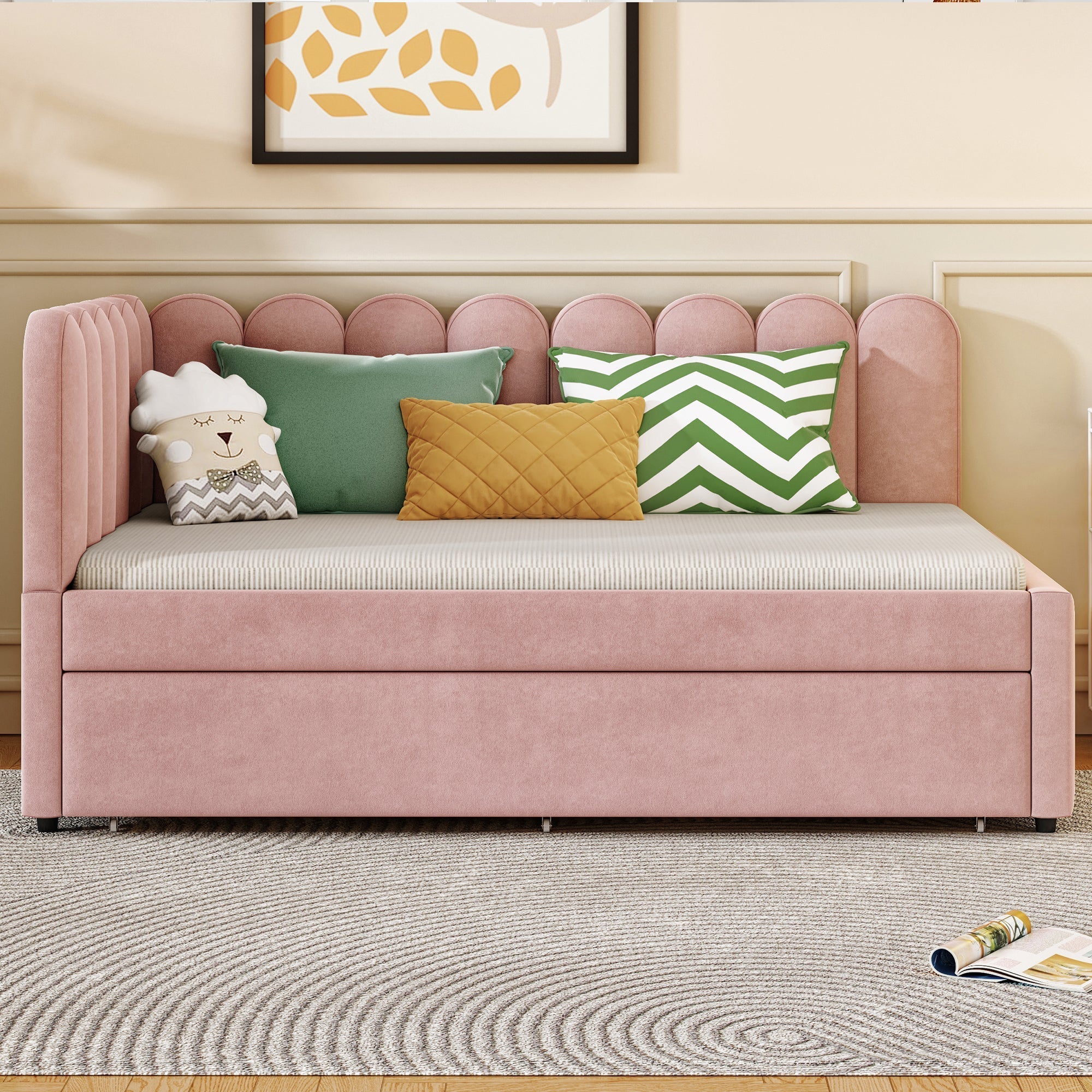 L-shaped Upholstered Bed, Sofa Bed 140x200cm with Pull-Out Bed, Pink Velvet