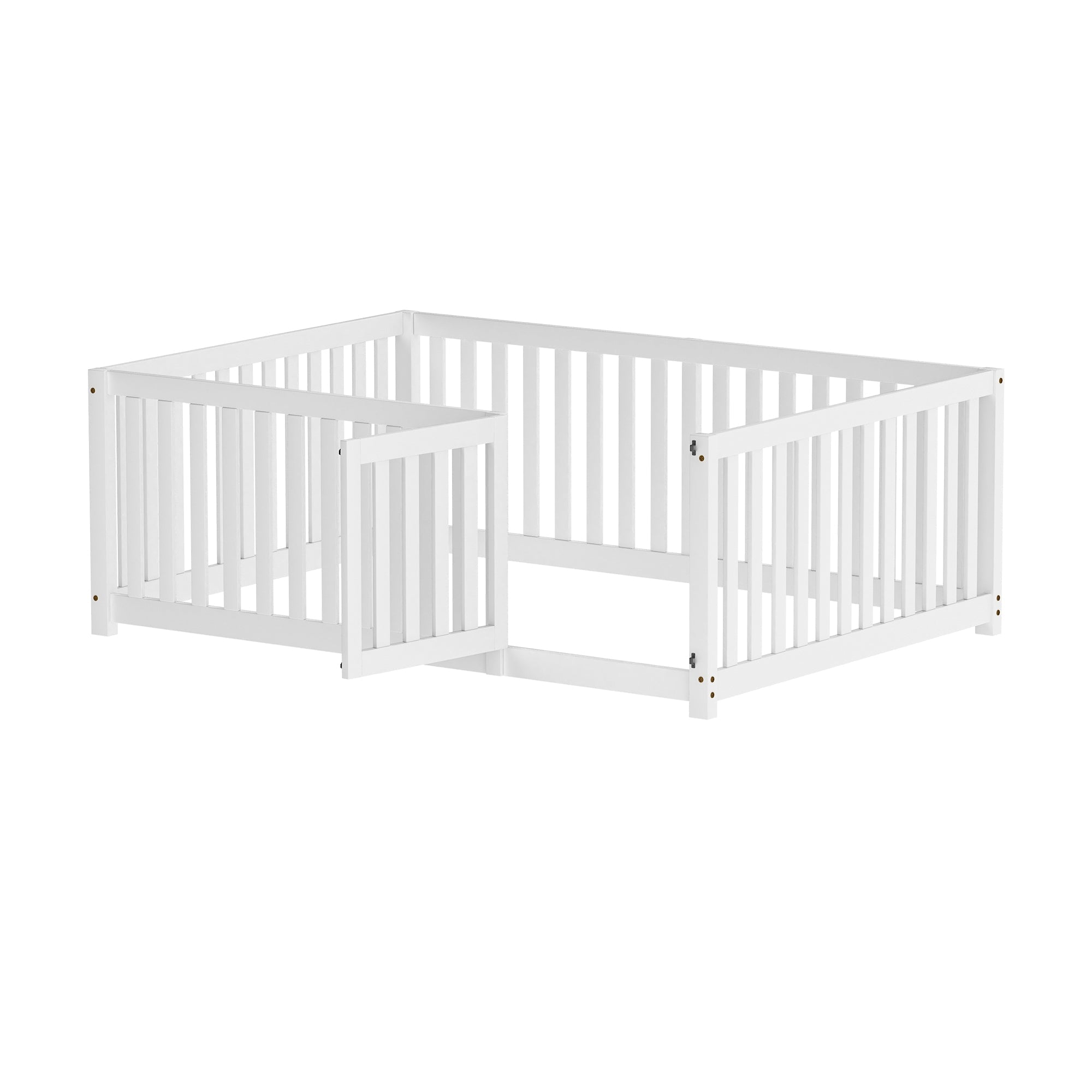 Children's bed 140 x 200, wooden floor bed frame with fence and door, white