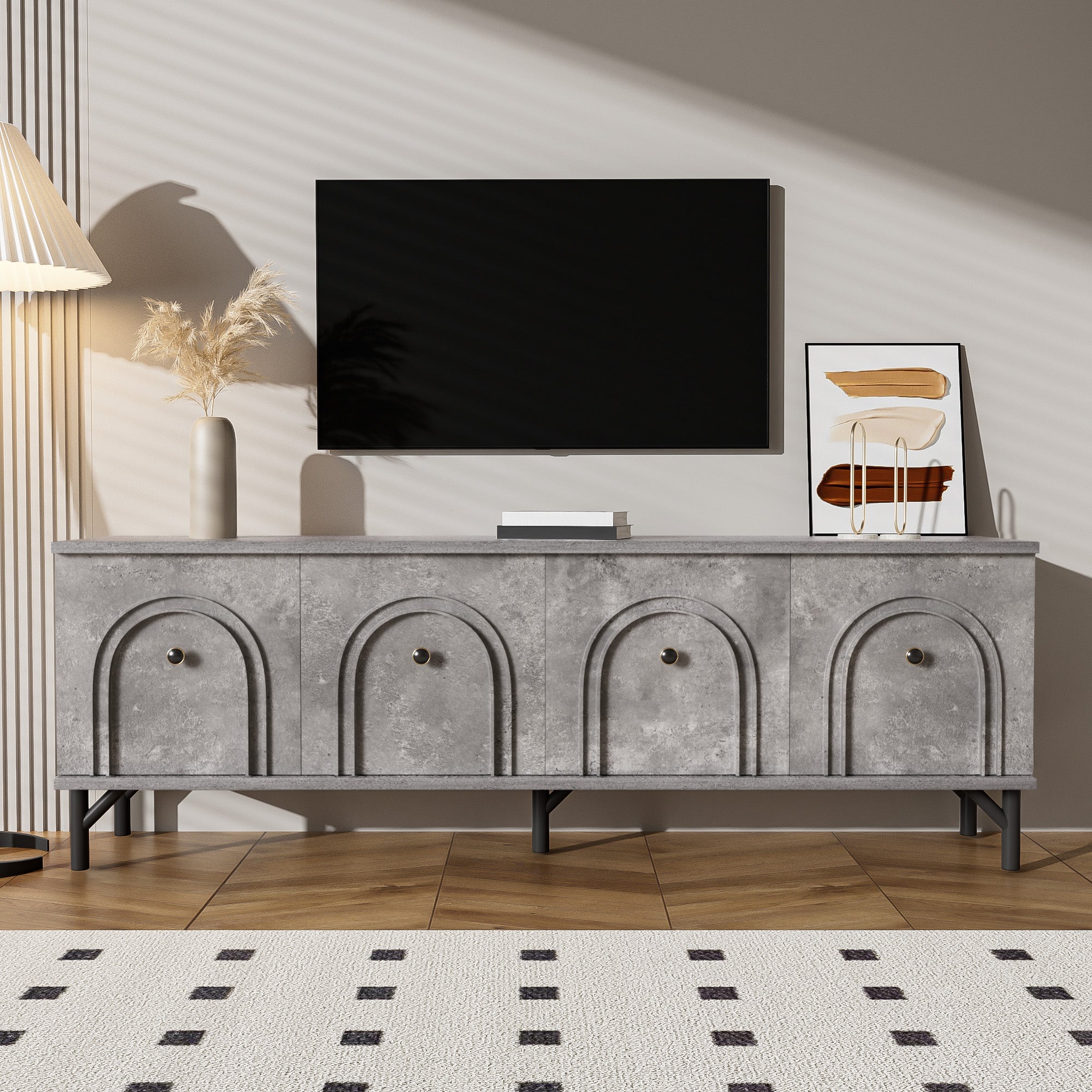 TV Stand, 4-Door 160 cm, Stylish Design, Soft-Close Hinges, Grey