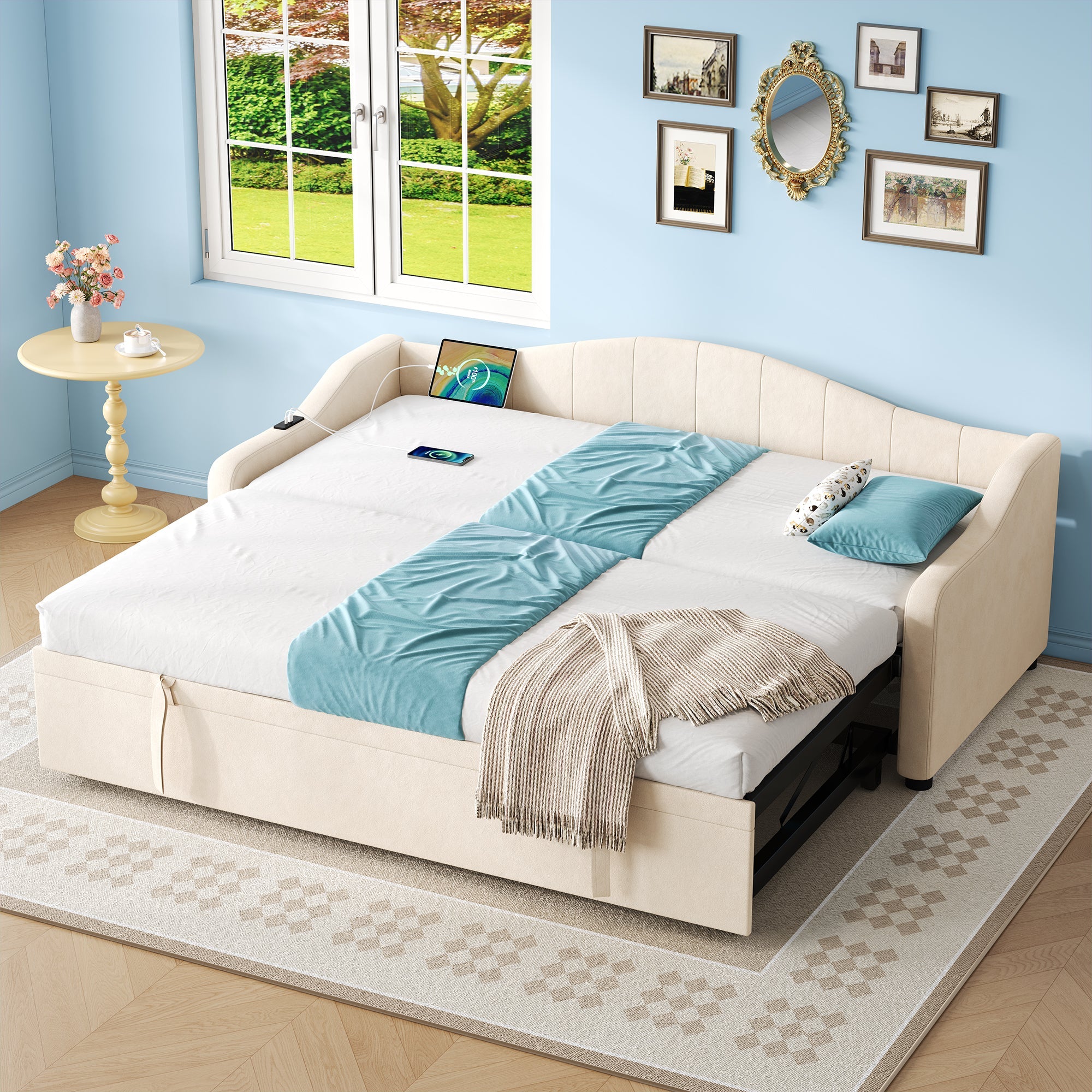 Upholstered Bed 90x190cm Daybed Sofa Bed with Charging Station, 3ft Single Velvet Bed with USB and Type-C Ports, Pull Out Trundle Bed, Beige