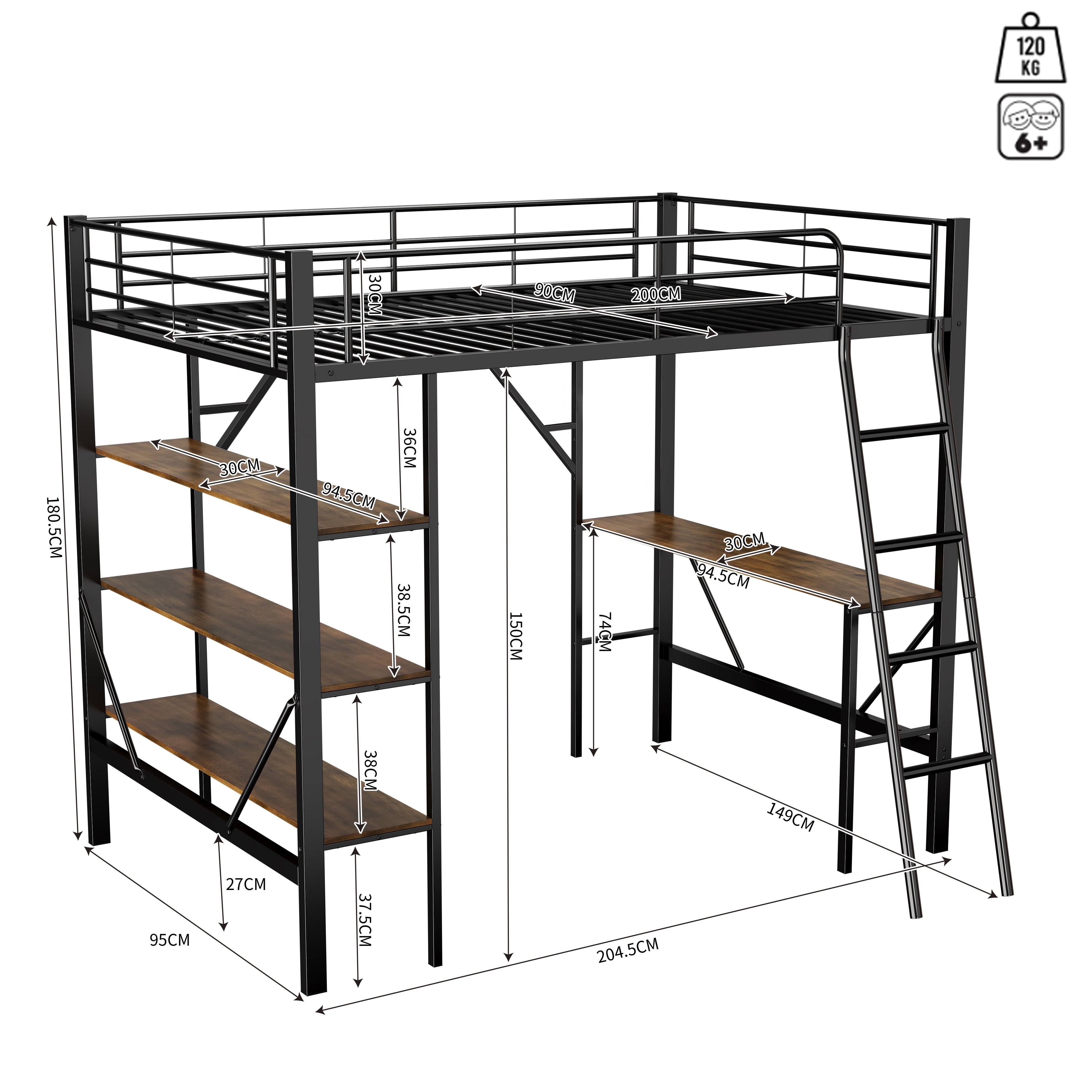 Loft Bed 90x200cm Iron Frame with Desk 3 Shelves Black