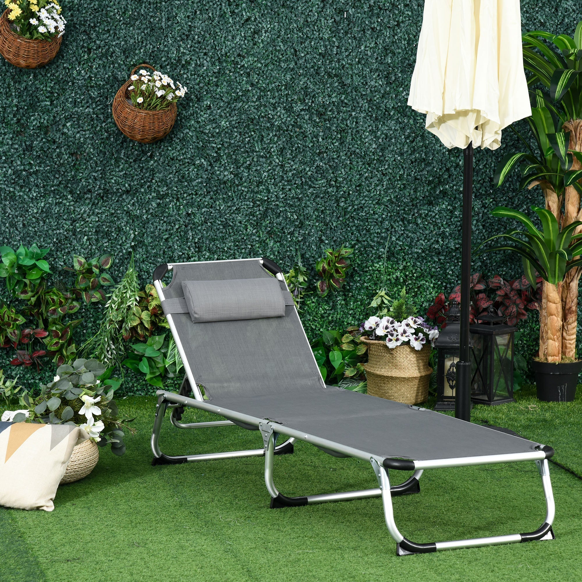 Sun Lounger 5-Way Adjustable Foldable Ergonomic Aluminum Mesh Fabric Grey