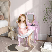 Kids Vanity Table with Mirror, Stool, Drawer, Cat Design, for Ages 3-6 Years - Pink