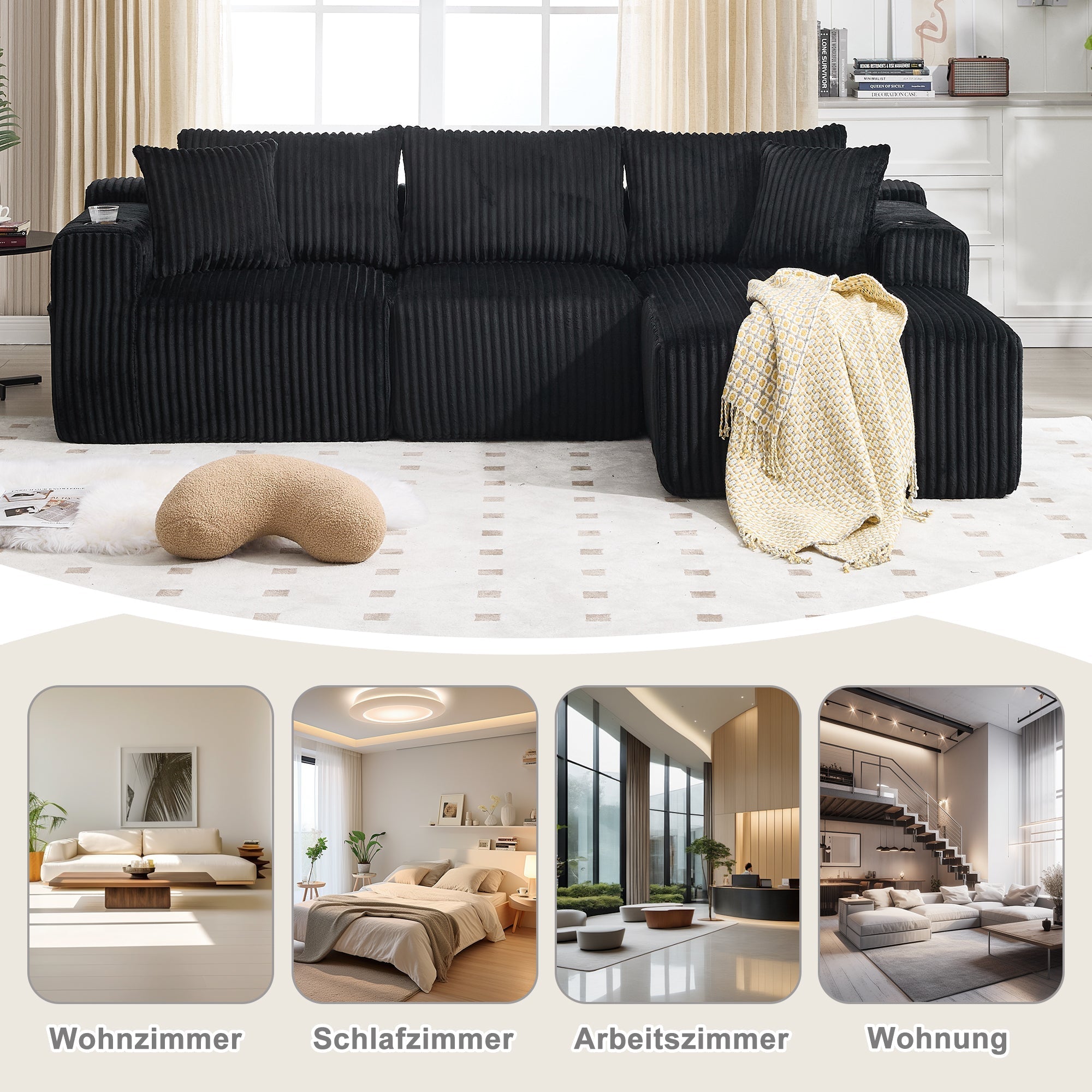 Modular Sofa Set Chaise Longue & 2-Seater with Pockets, Corduroy Fabric