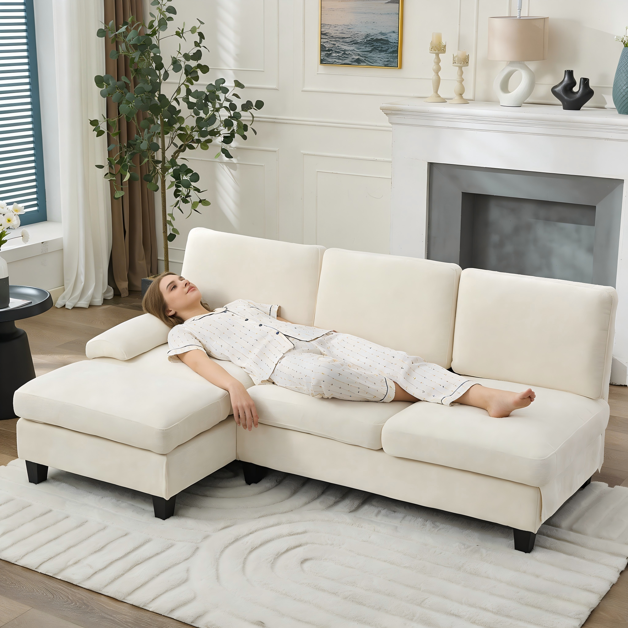 L-Shaped Sleeper Corner Sofa Upholstered 3-Seater Beige Linen
