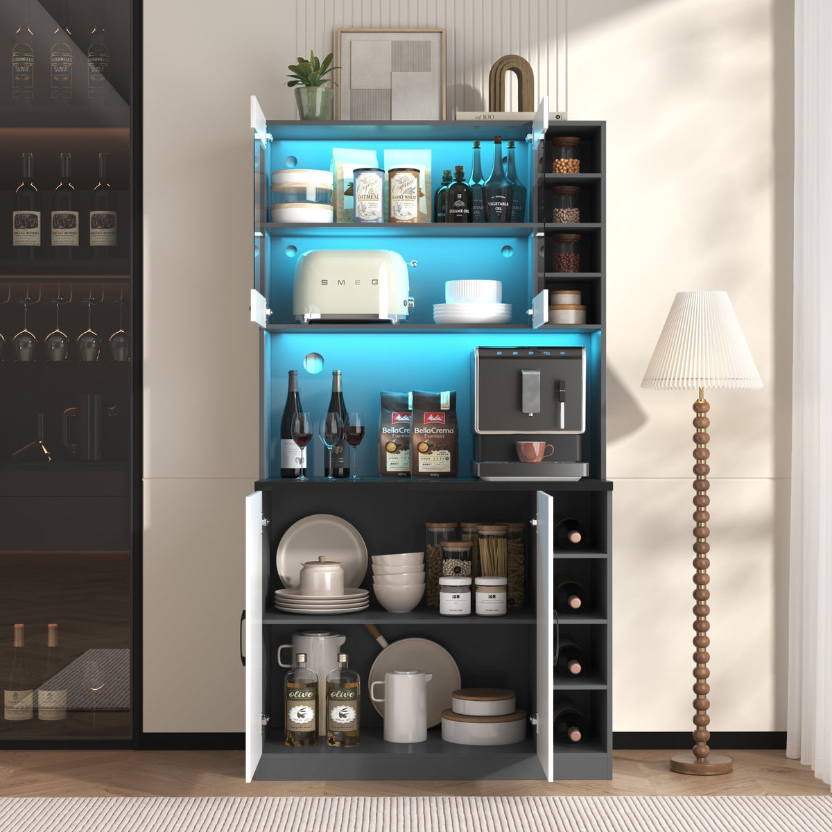 Kitchen Highboard Buffet 100x47x187cm LED Lighting Microwave Adjustable Shelves - Wooden