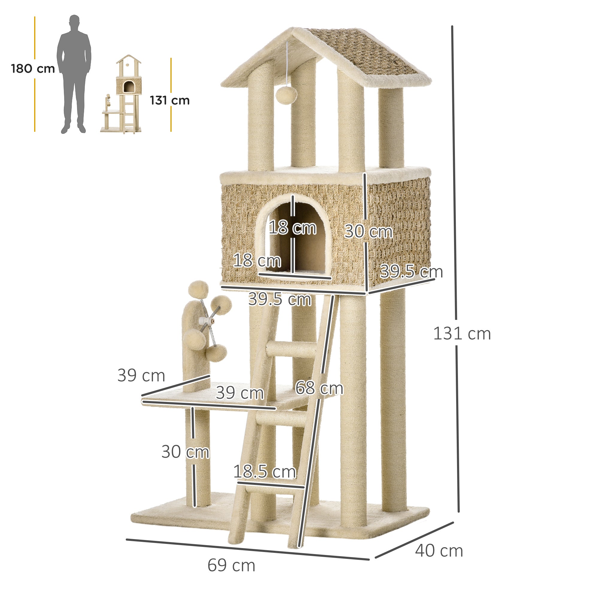 Cat Tree Large 130cm, Cat Cave & Play Balls, Khaki+Beige Chipboard Plush