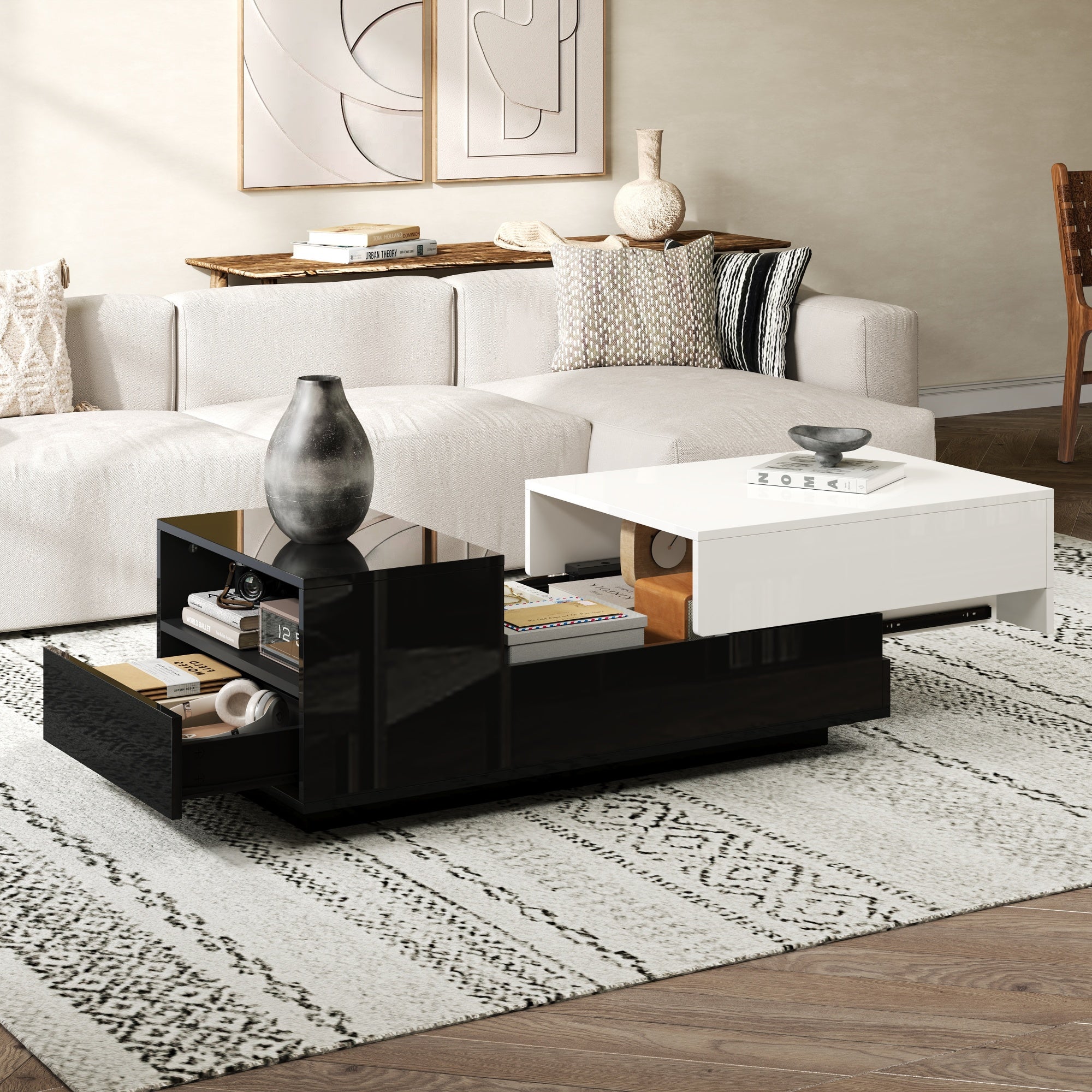 Coffee Table 100x50x38cm, High-Gloss with 1 Drawer & Sliding Top, Black and White Stitching