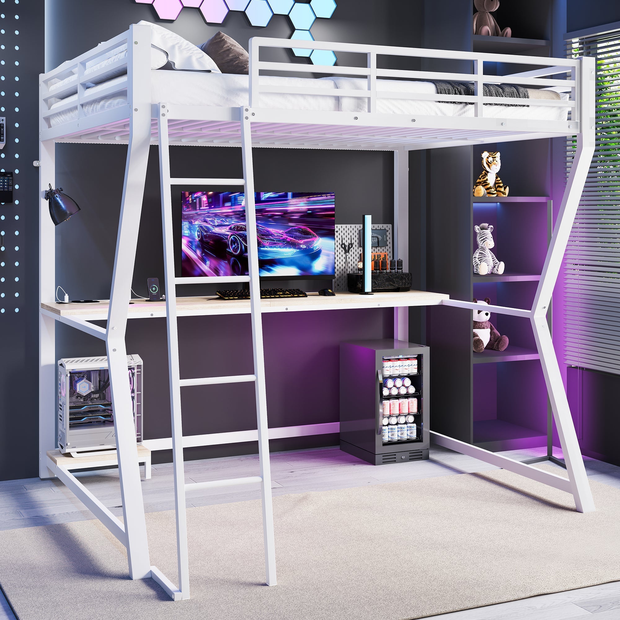 Loft Bed 140x200cm with LED Lights Desk USB/Power Outlet Stairs Storage Shelf White