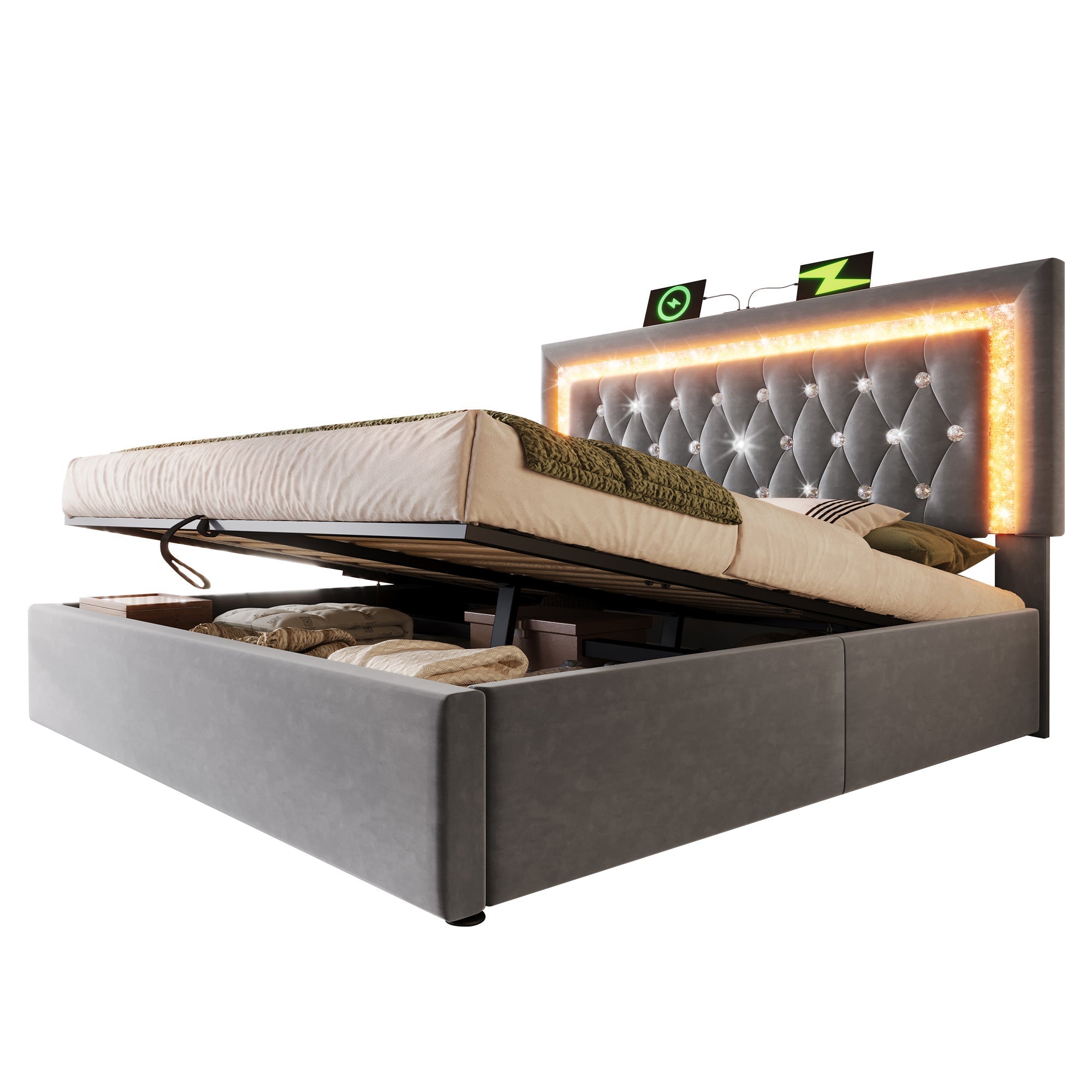 Upholstered Double Bed 140x200cm Hydraulic Storage LED Headboard USB/Type-C Velvet Grey