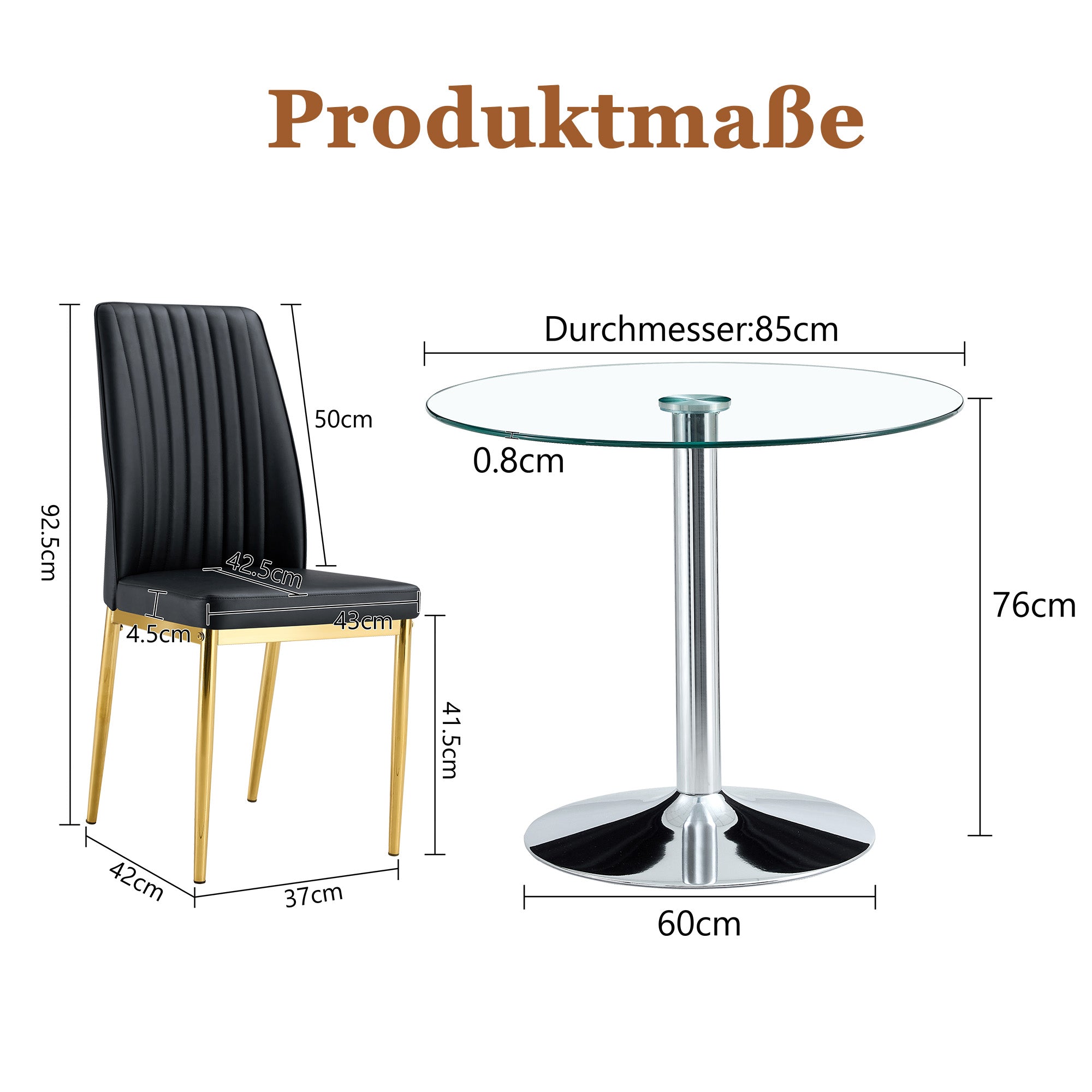 Dining Table Set Modern Minimalist Glass Table Ø85cm with 4 Chairs - Faux Leather Black