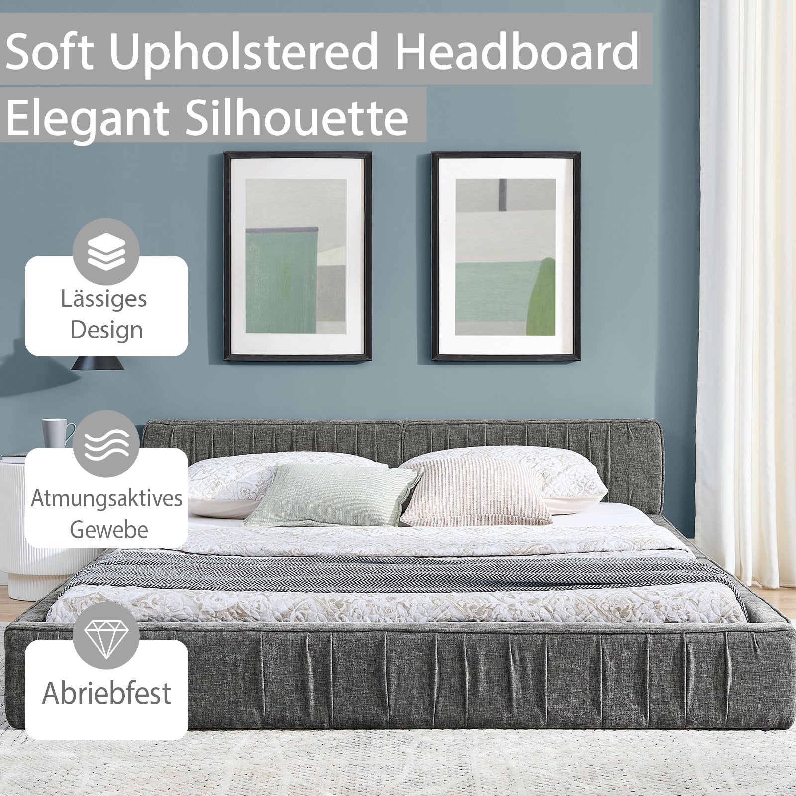 Double Bed 160x200cm Chenille Eucalyptus Wood Iron Frame - Dark Grey