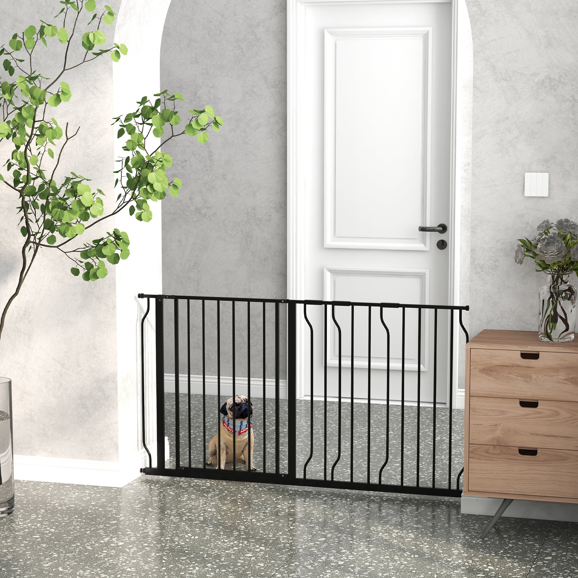 Dog Gate, Adjustable 75-145 cm, 2-Way Opening, Double Lock, ABS Steel Black