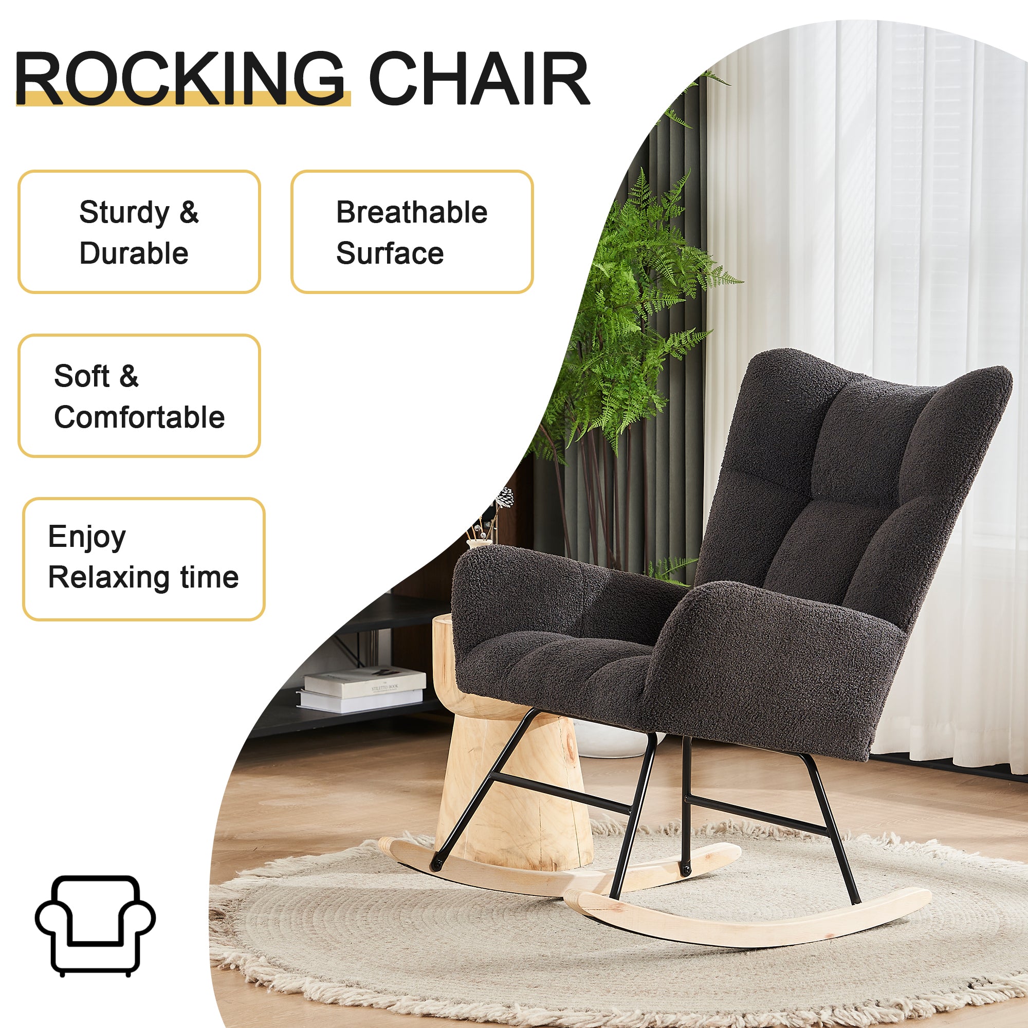 Modern Rocking Chair High Back Armrests - Grey
