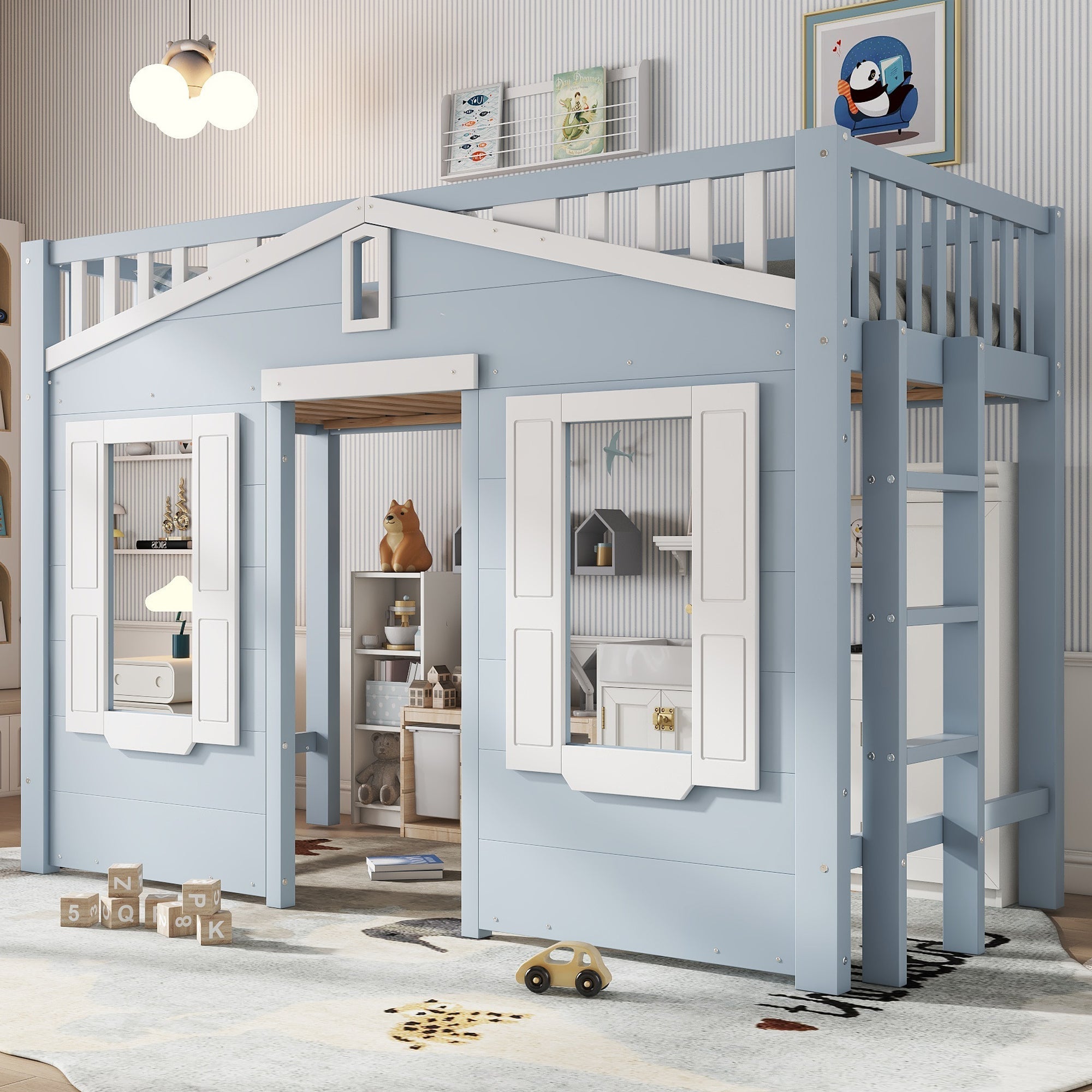 Loft Bed, Flexible Design with Window & Ladder, Pine + MDF + Plywood, Blue