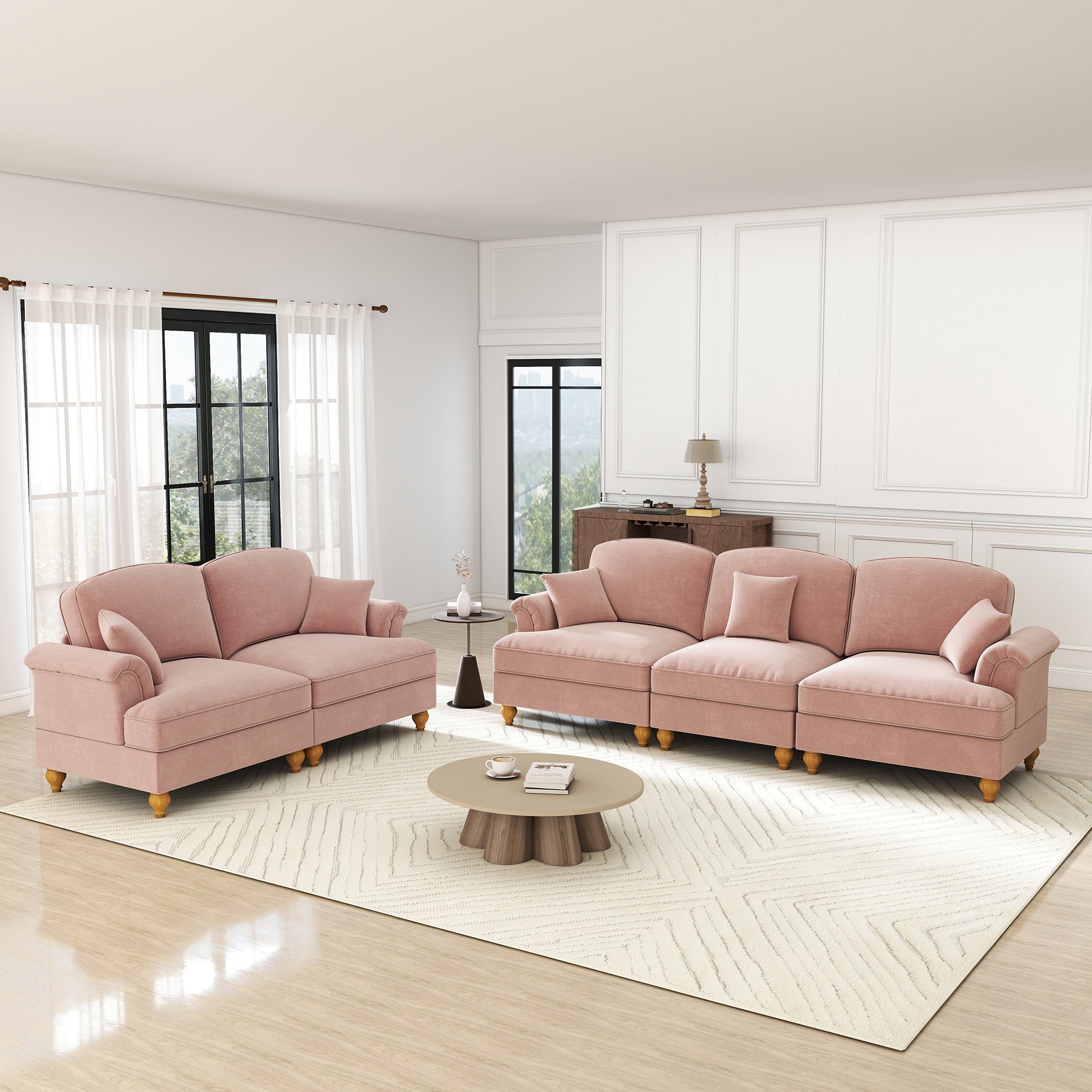 Classic 2-Piece Modular Sofa Set 3-Seater & 2-Seater Removable Ruffled Apron - Chenille Pink