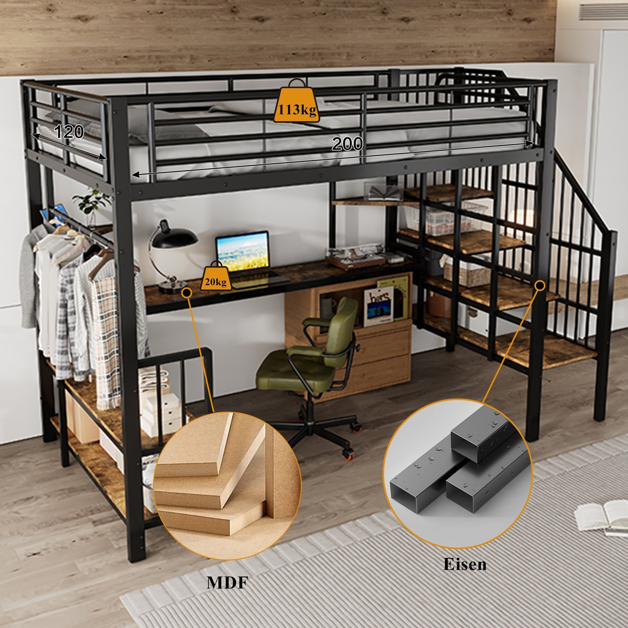 Iron Bed, Loft with Side Ladder & Charging Port, Black Iron + MDF