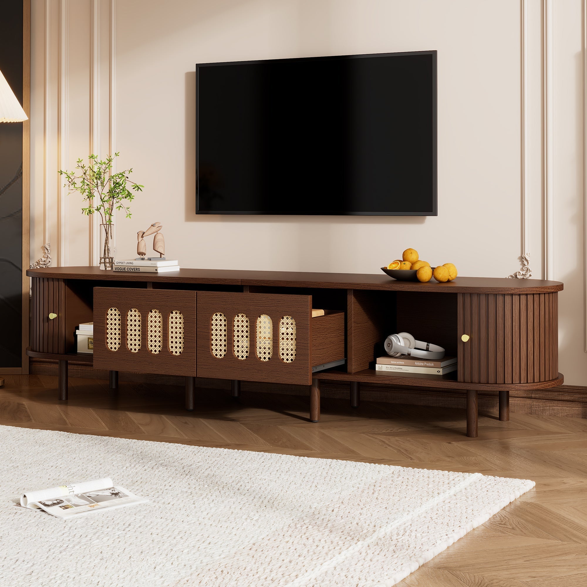 Oval TV Stand Rattan Design 180cm 2 Drawers - Dark Walnut