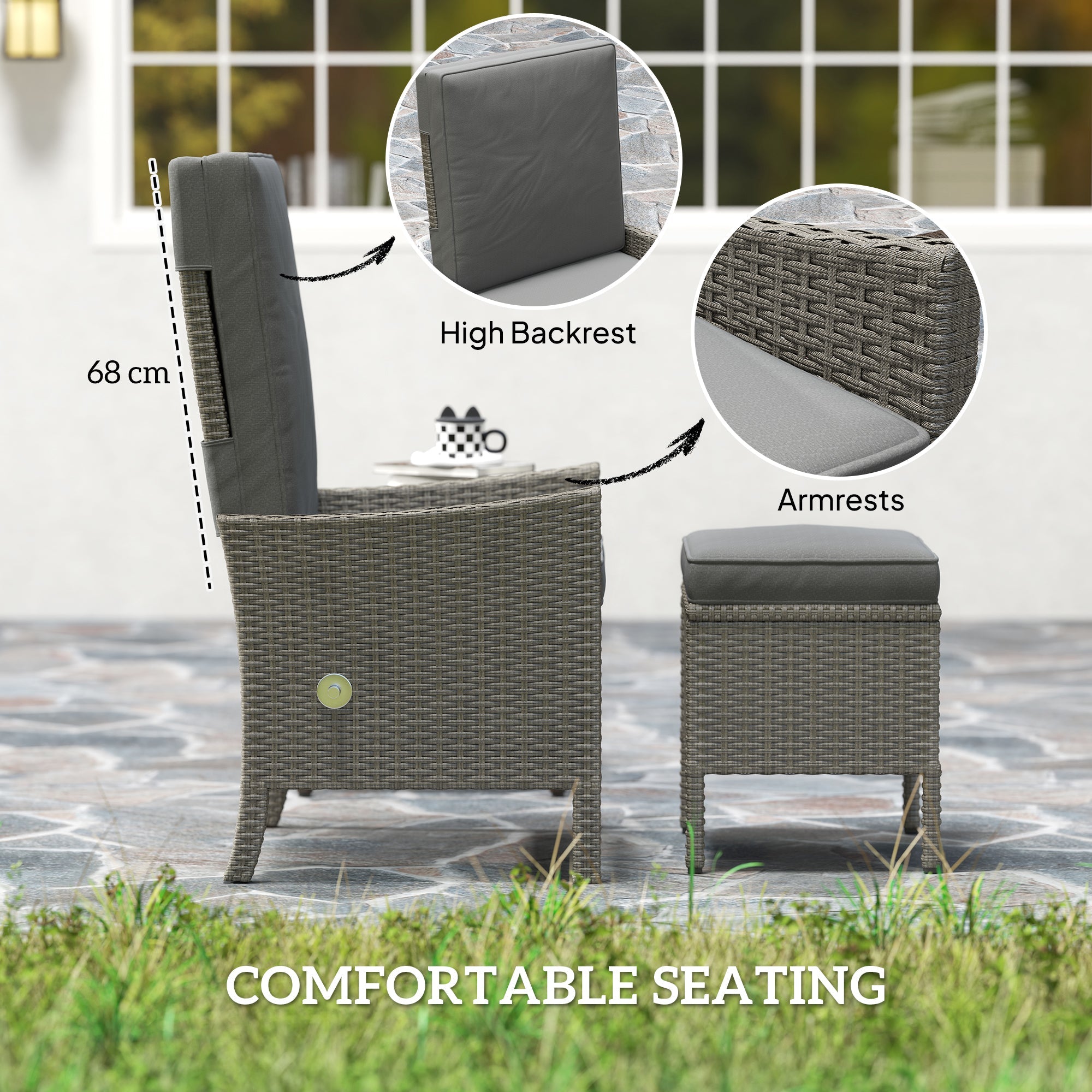5 Piece Rattan Garden Furniture Set with Adjustable Armchairs and Glass Table, Dark Grey Wicker
