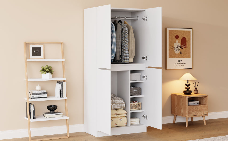 Tall Kitchen Cabinet with Ample Storage and Metal Accents, White and Wood Color