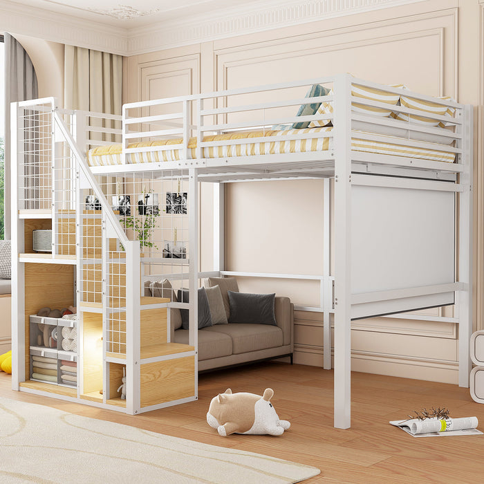 Bunk Bed with Safety Ladder and Storage Area, 140x200cm, White Iron Frame