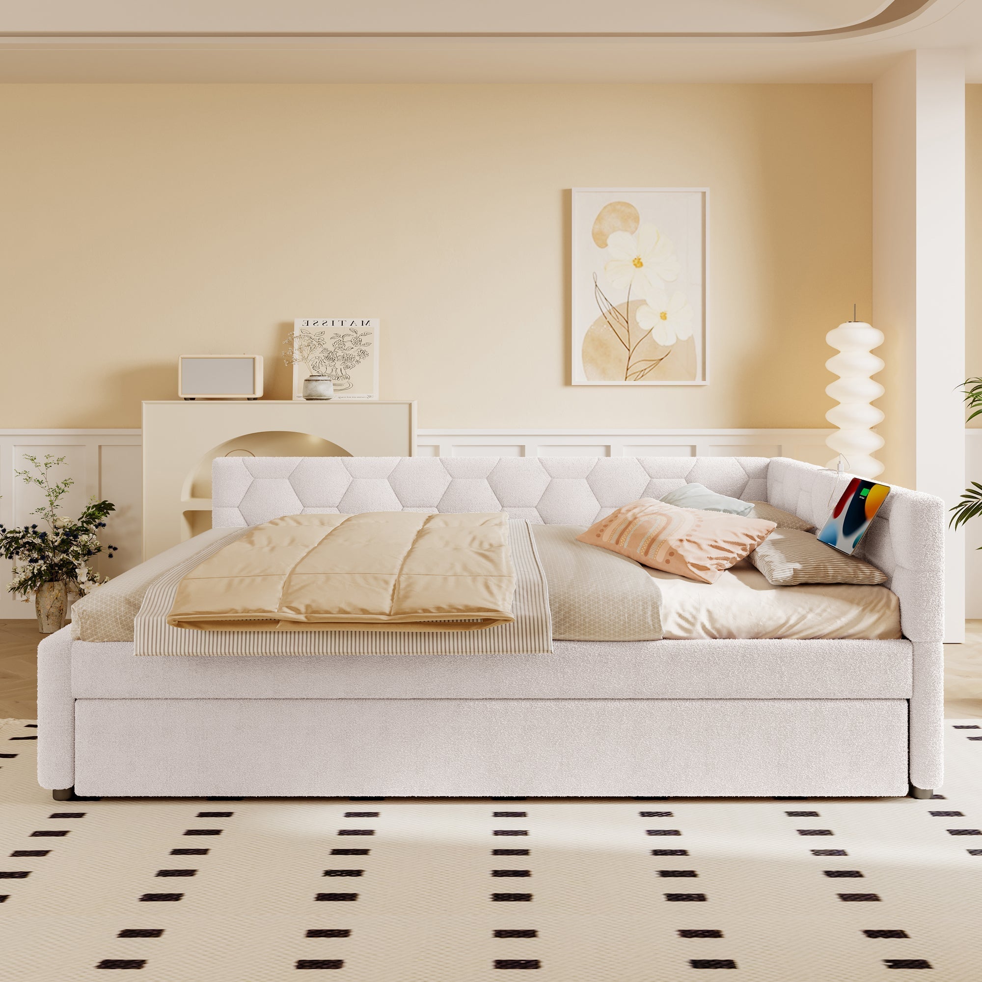 Daybed Sofa Bed 140x200cm Pull-Out Bed with Lamp & USB/Type-C Port Fleece Imitation White