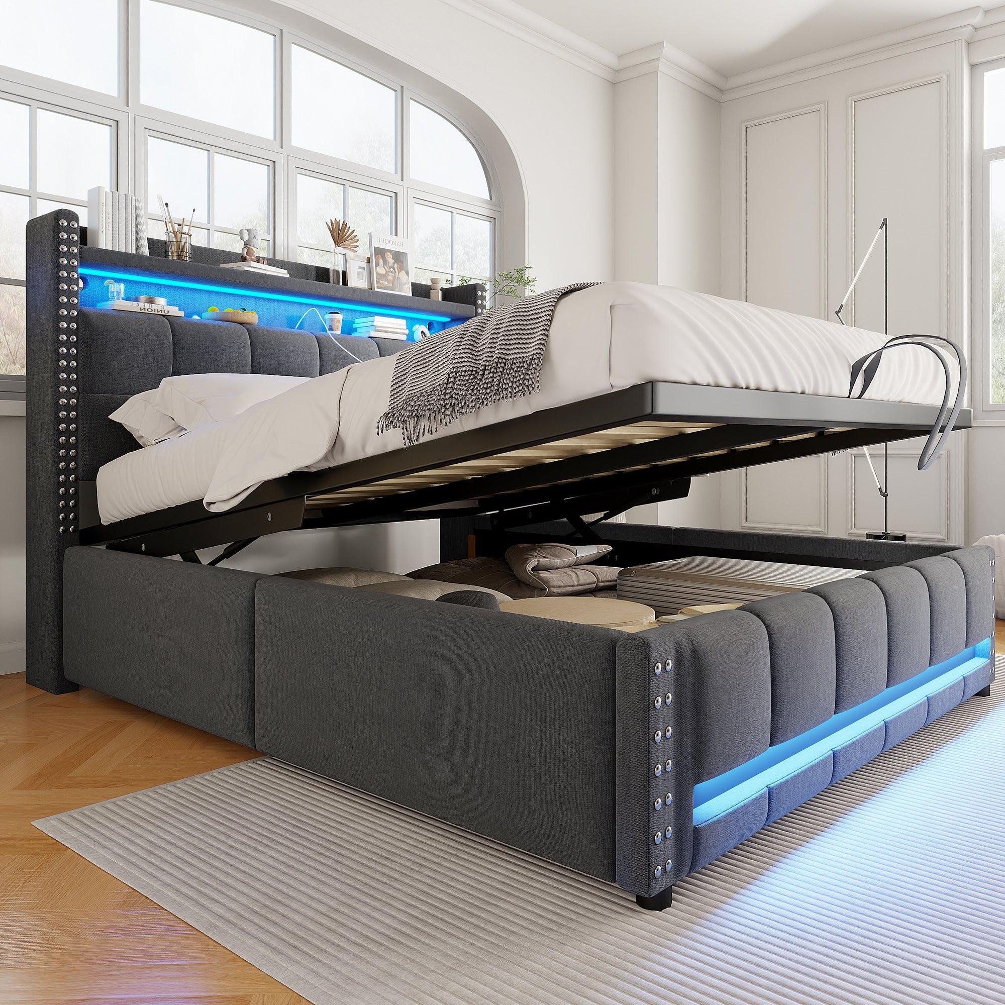 Upholstered Bed 160*200cm, LED & USB, Hydraulic Storage, Linen Fabric Gray
