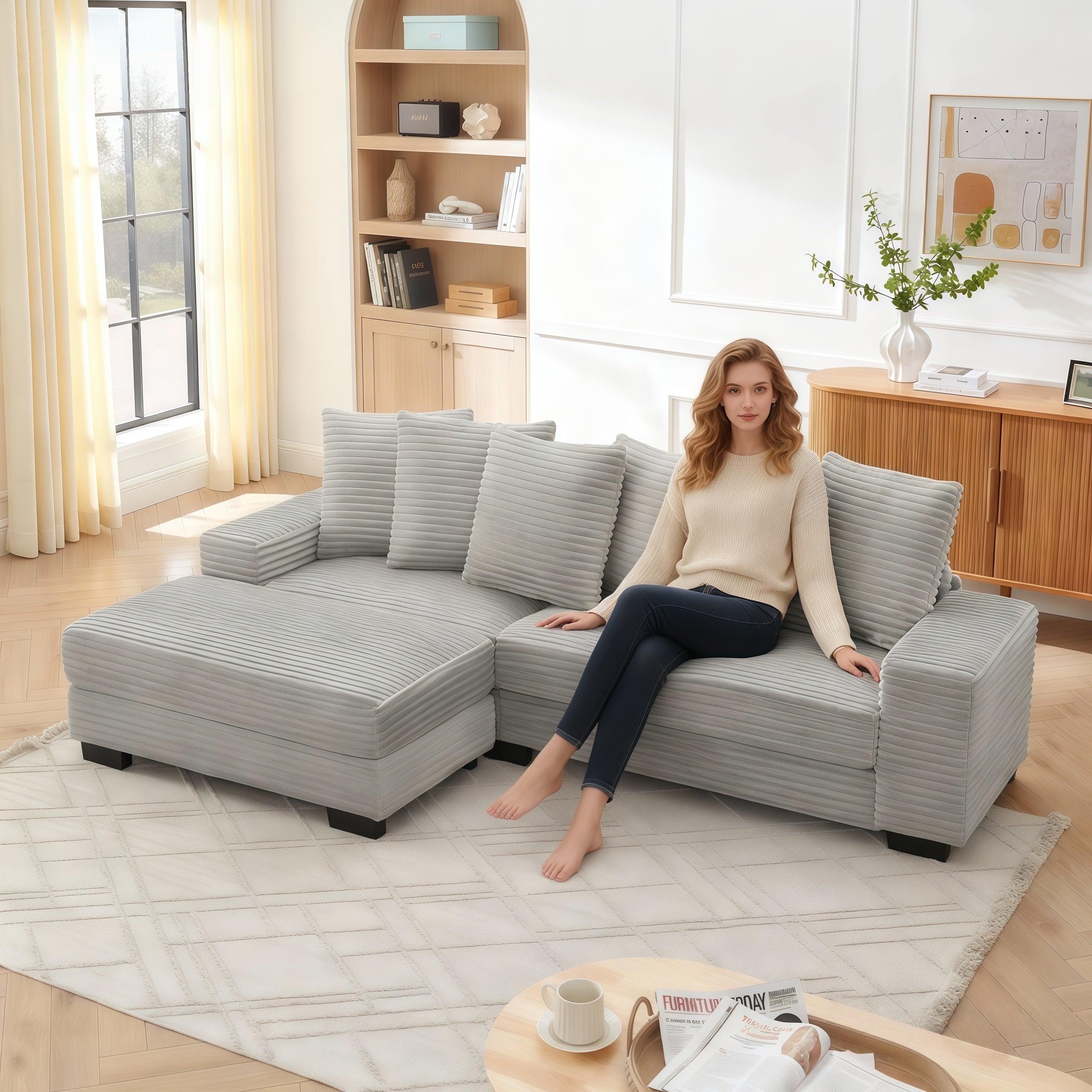 L-shaped Corner Sofa 4-Seater Modular Corduroy with 6 Cushions - Gray