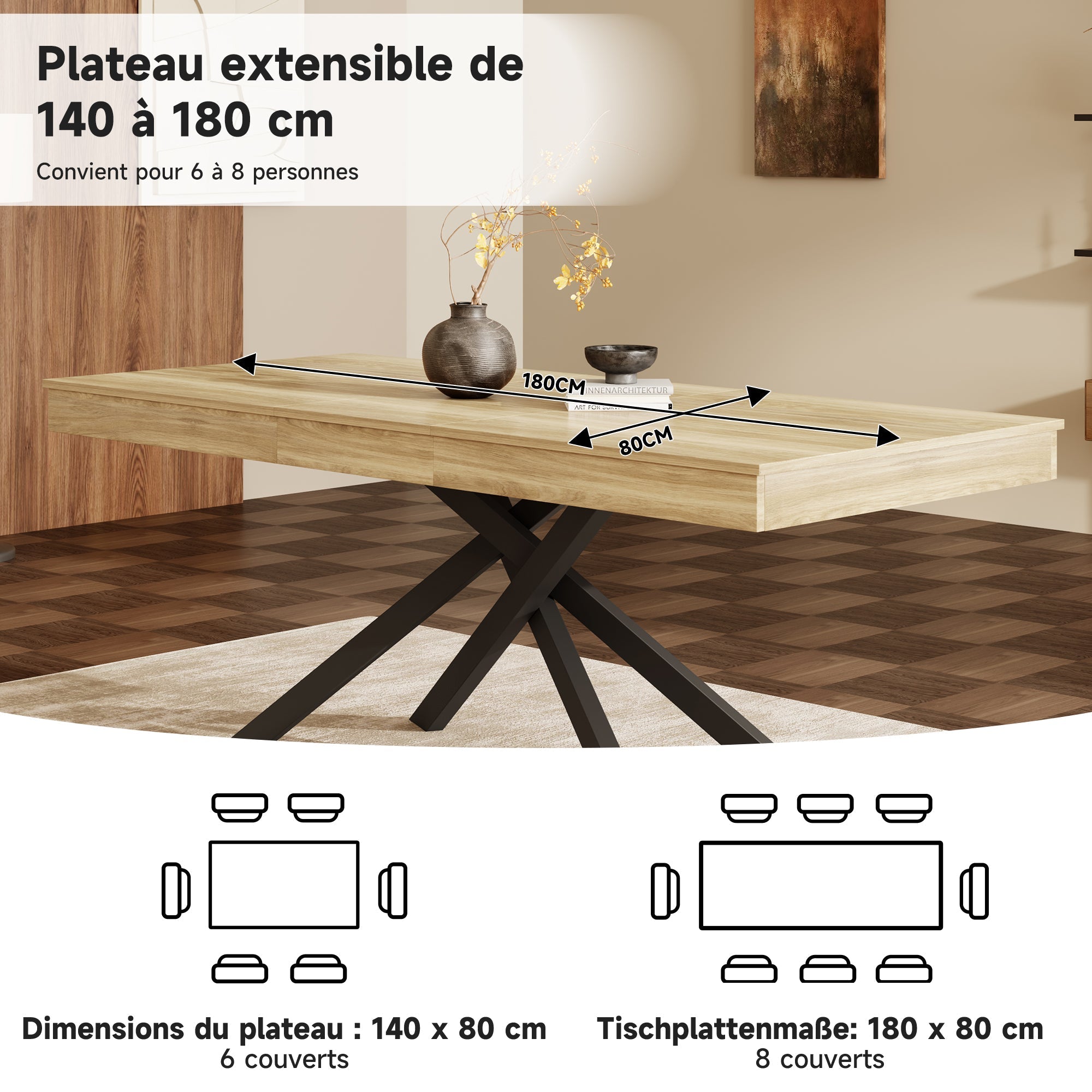 Extendable Dining Table 140/180x80cm 6-8 Person Metal Legs Oak Color