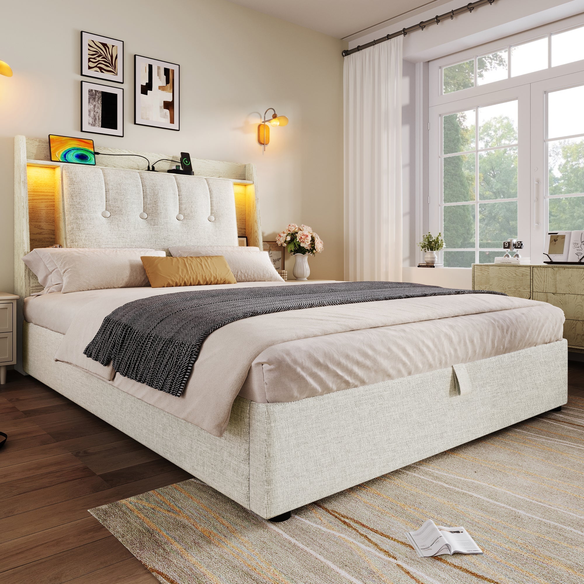 Upholstered Bed 90x200cm Storage LED USB/Type-C App Control - Linen Beige