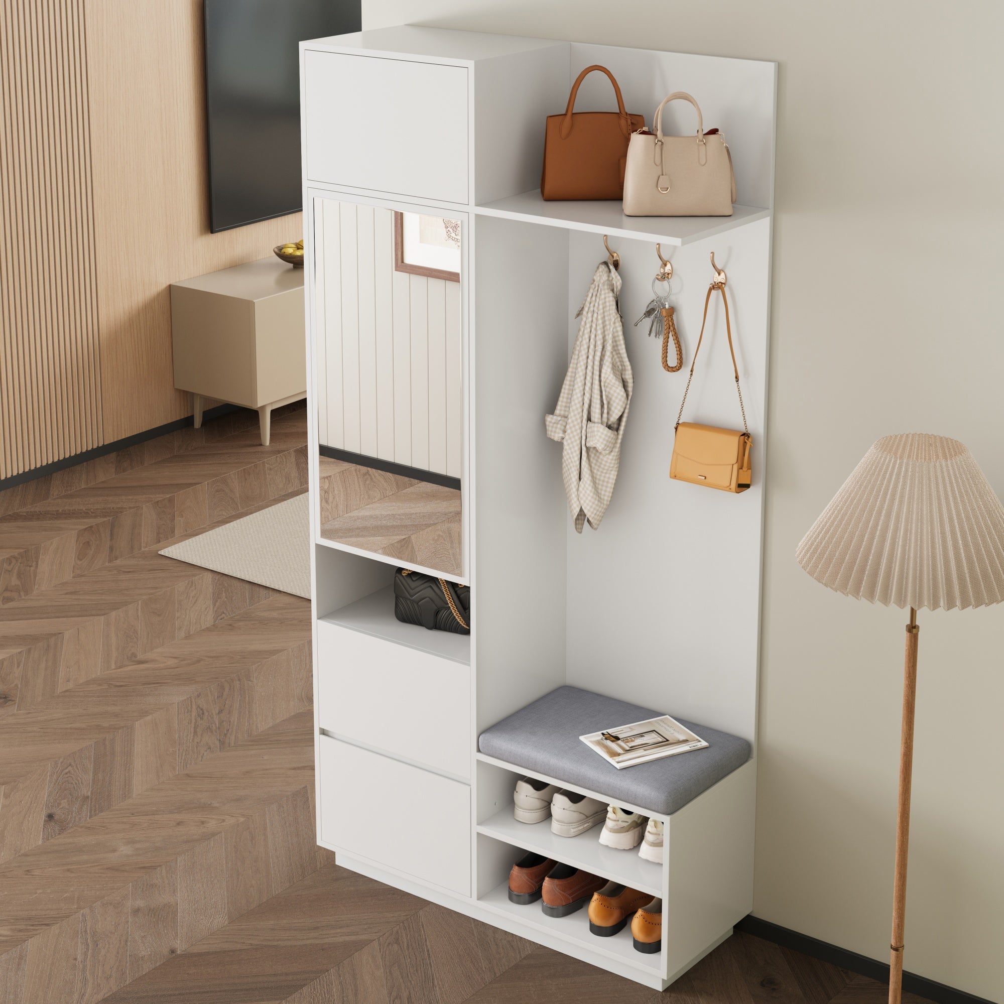 Compact Wardrobe with Mirror, Bench & Shoe Cabinet, White MDF